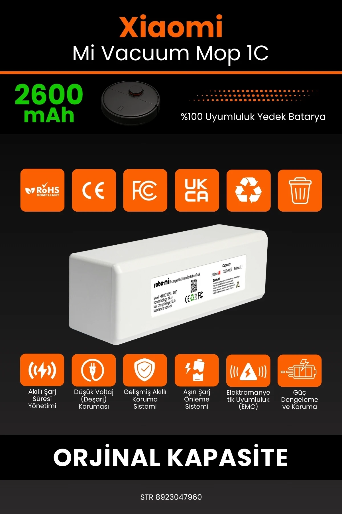 Xiaomi Mi Vacuum Mop 1C 2600mAh Robot Süpürge Bataryası - Gerçek Kapasite, Maksimum Güvenlik