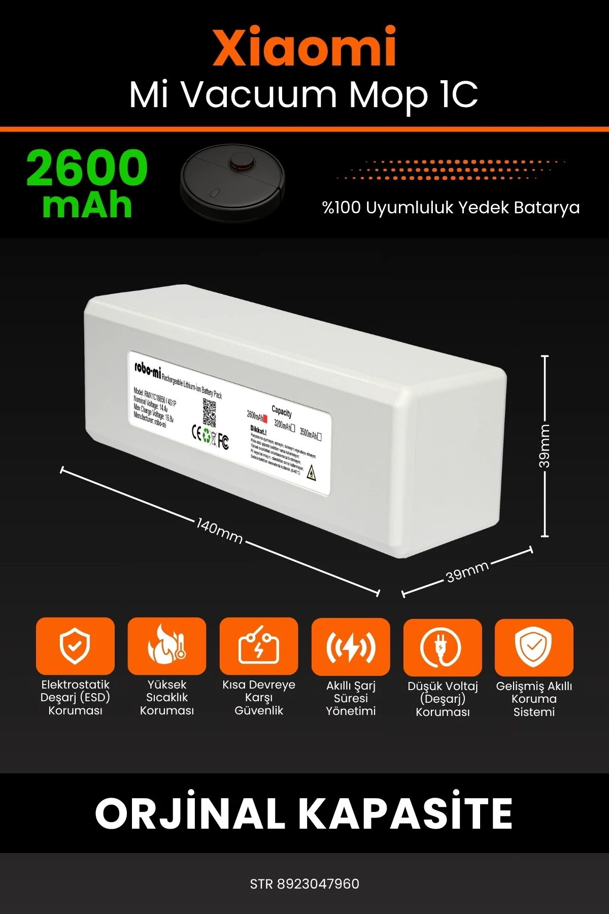 Xiaomi Mi Vacuum Mop 1C 2600mAh Robot Süpürge Bataryası - Gerçek Kapasite, Maksimum Güvenlik