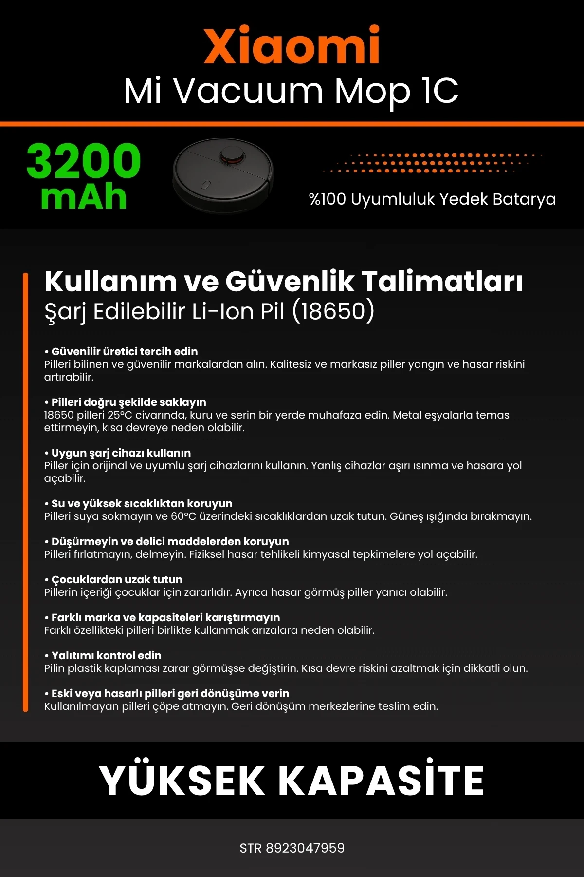 Xiaomi Mi Vacuum Mop 1C 3200mAh Robot Süpürge Bataryası - Gerçek Kapasite, Maksimum Güvenlik