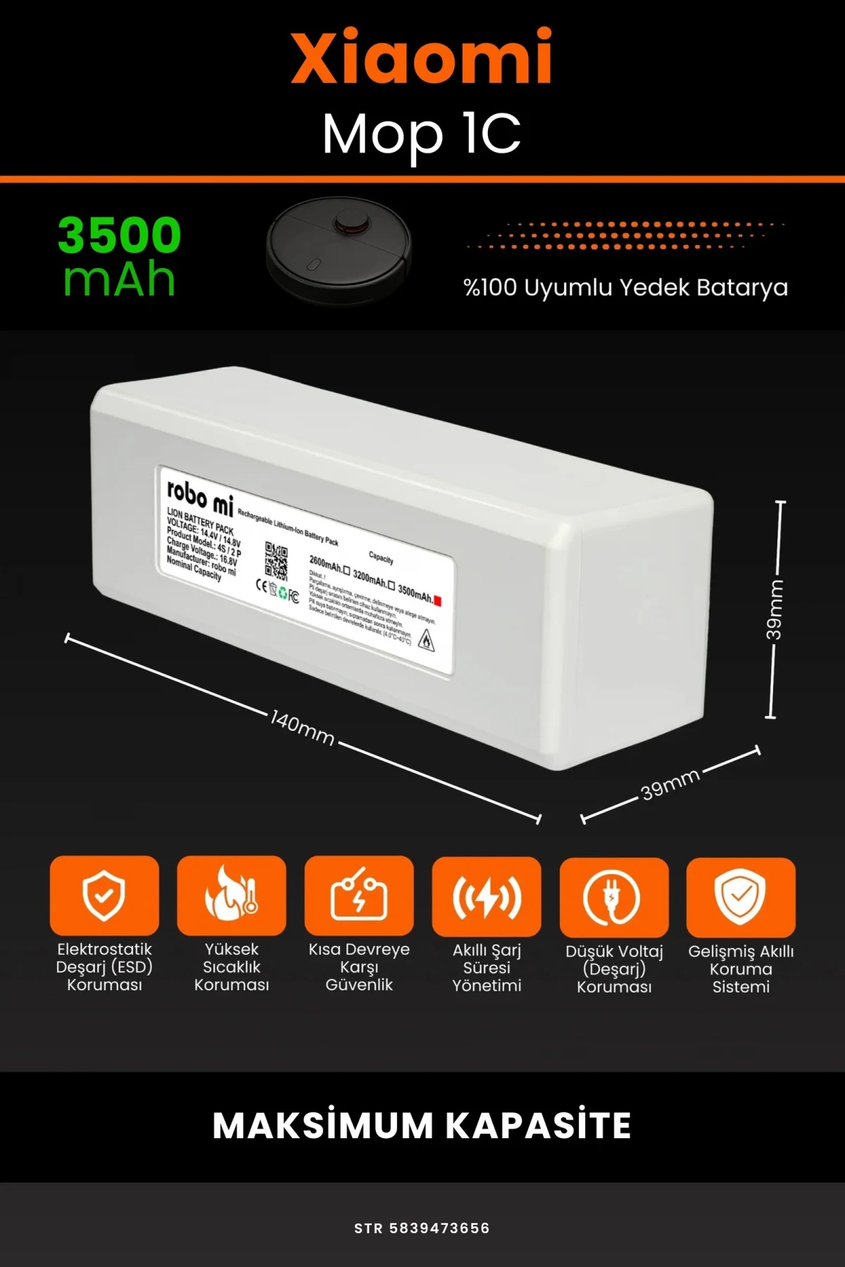 Xiaomi Mi Vacuum Mop 1C 3500mAh Robot Süpürge Bataryası - Gerçek Kapasite, Maksimum Güvenlik