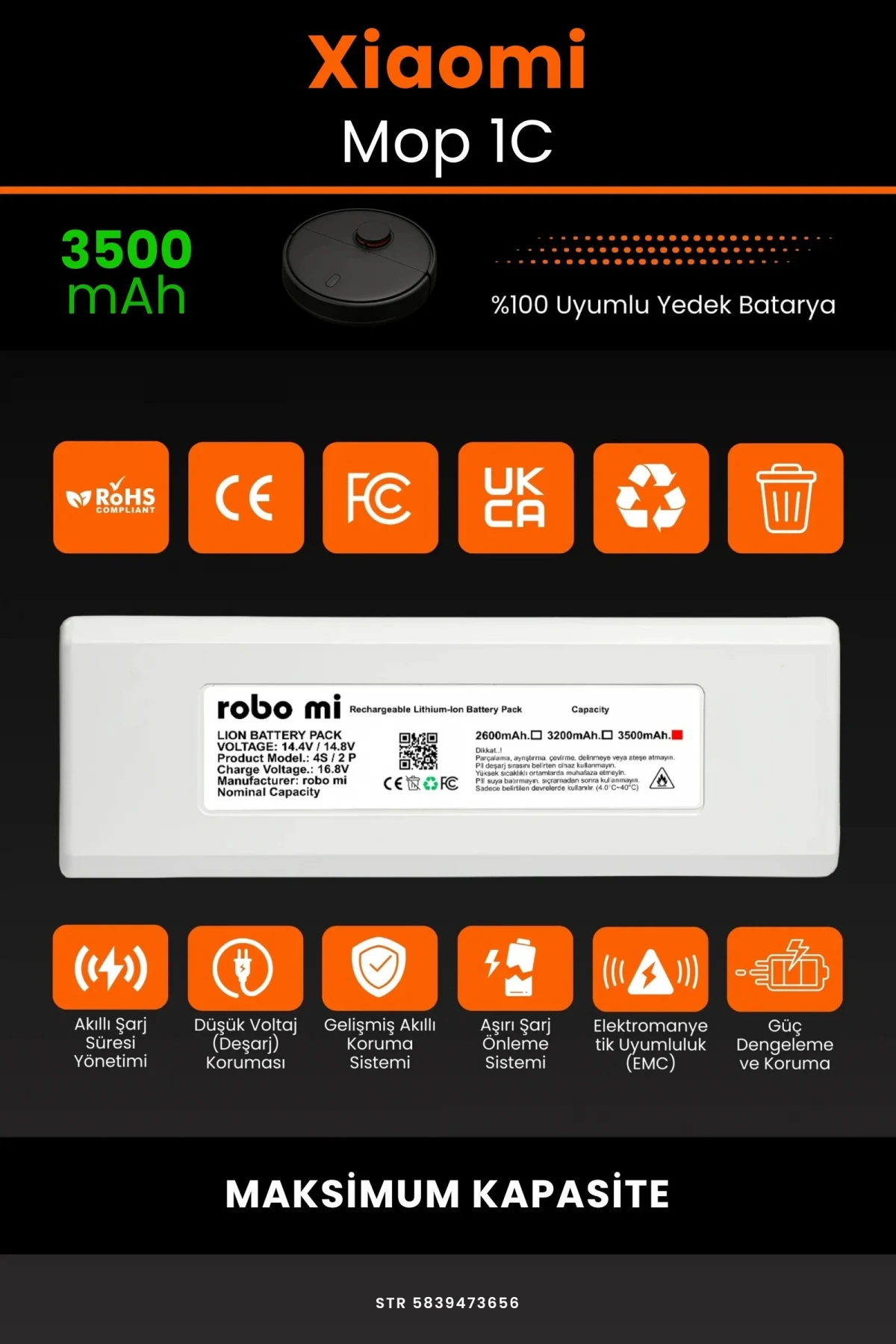 Xiaomi Mi Vacuum Mop 1C 3500mAh Robot Süpürge Bataryası - Gerçek Kapasite, Maksimum Güvenlik