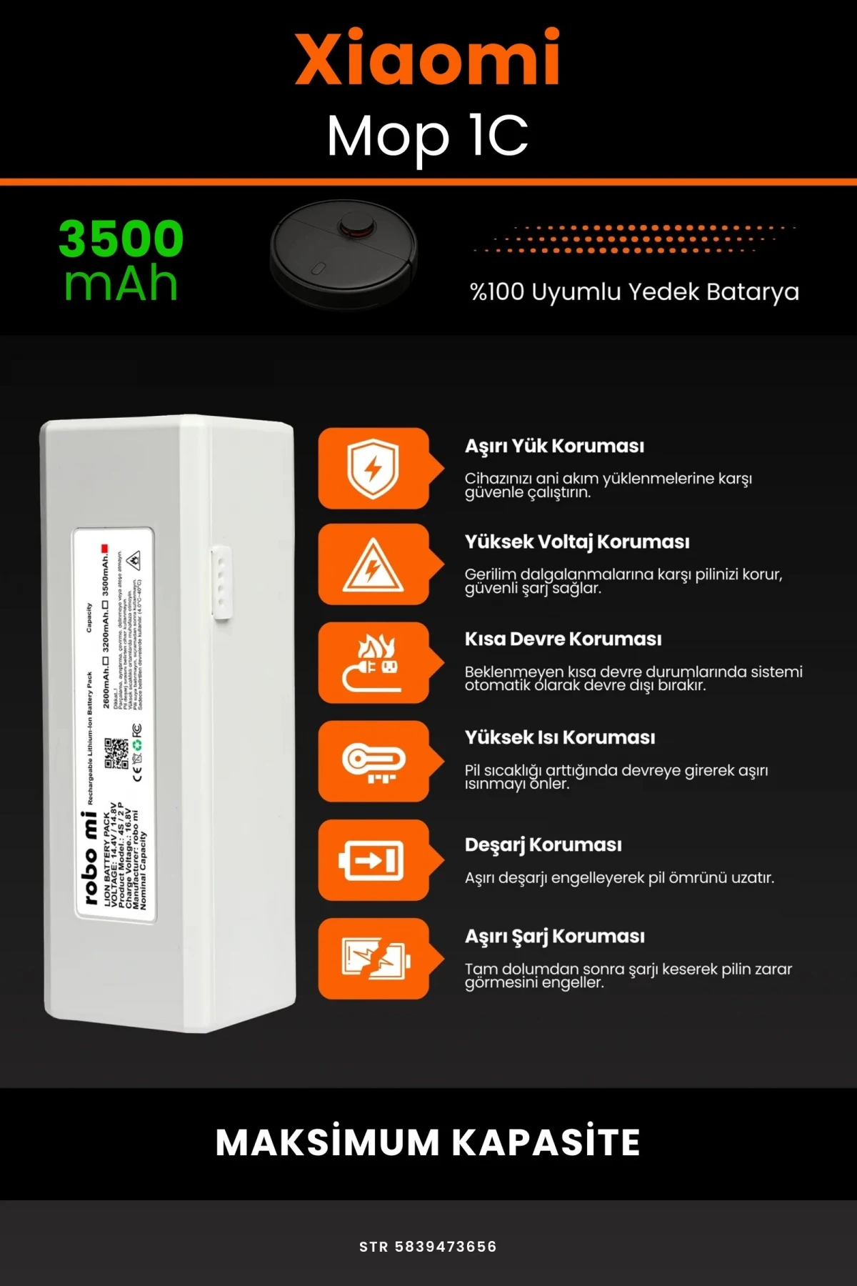 Xiaomi Mi Vacuum Mop 1C 3500mAh Robot Süpürge Bataryası - Gerçek Kapasite, Maksimum Güvenlik