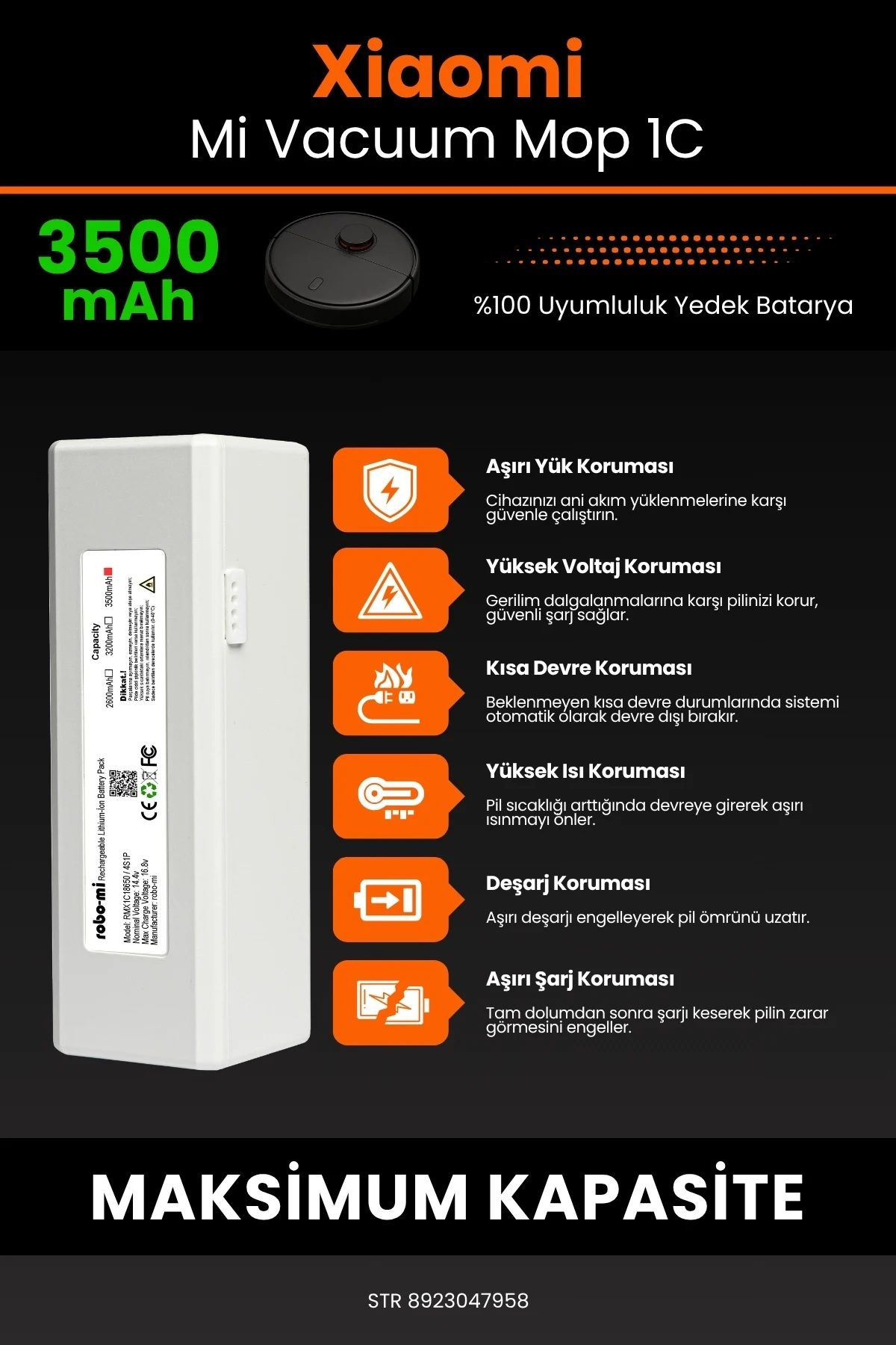 Xiaomi Mi Vacuum Mop 1C 3500mAh Robot Süpürge Bataryası - Gerçek Kapasite, Maksimum Güvenlik