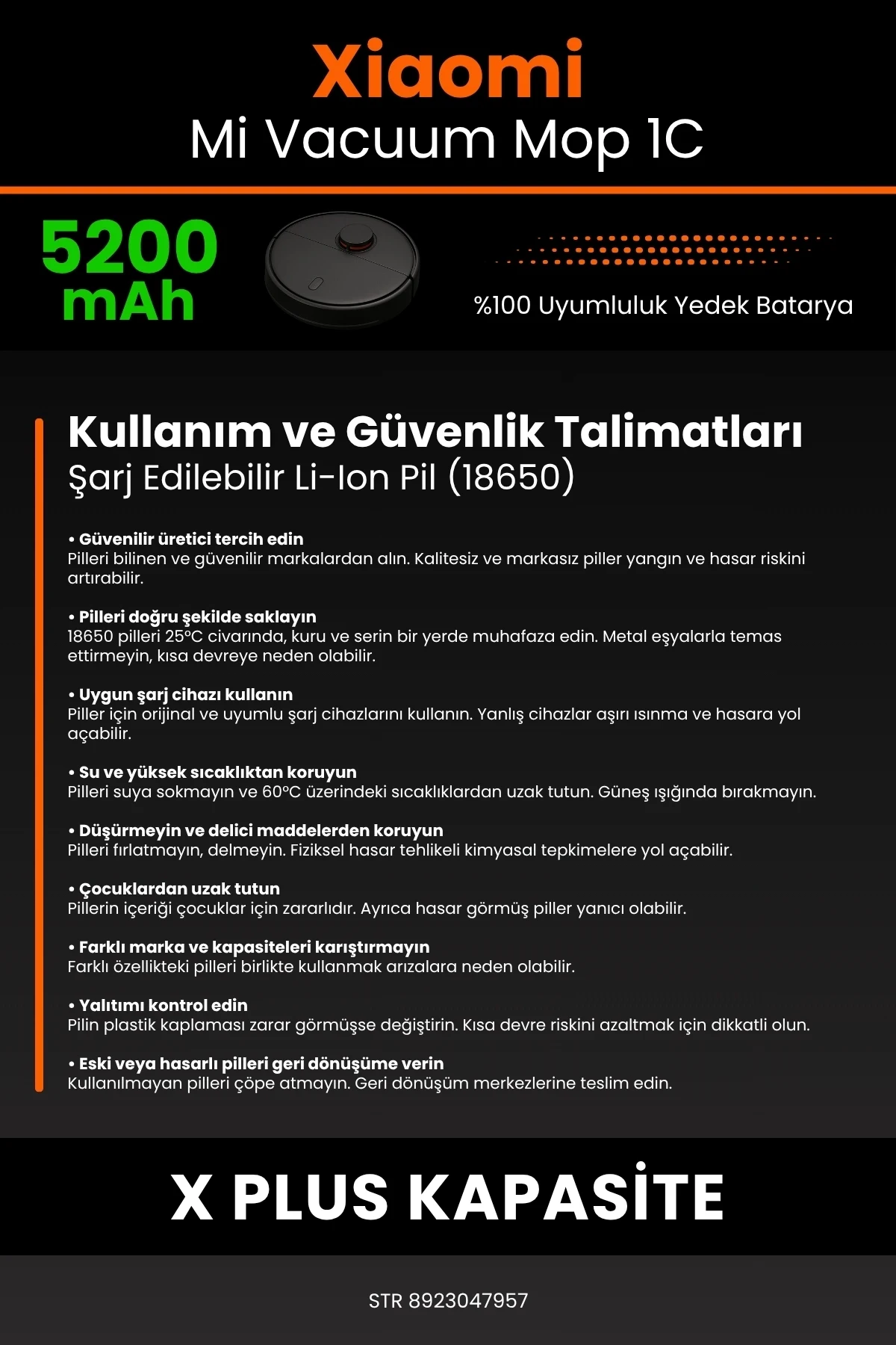 Xiaomi Mi Vacuum Mop 1C 5200mAh Robot Süpürge Bataryası - Gerçek Kapasite, Maksimum Güvenlik