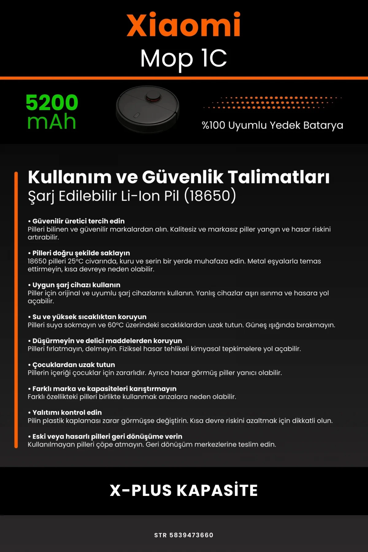 Xiaomi Mi Vacuum Mop 1C 5200mAh Robot Süpürge Bataryası - Gerçek Kapasite, Maksimum Güvenlik