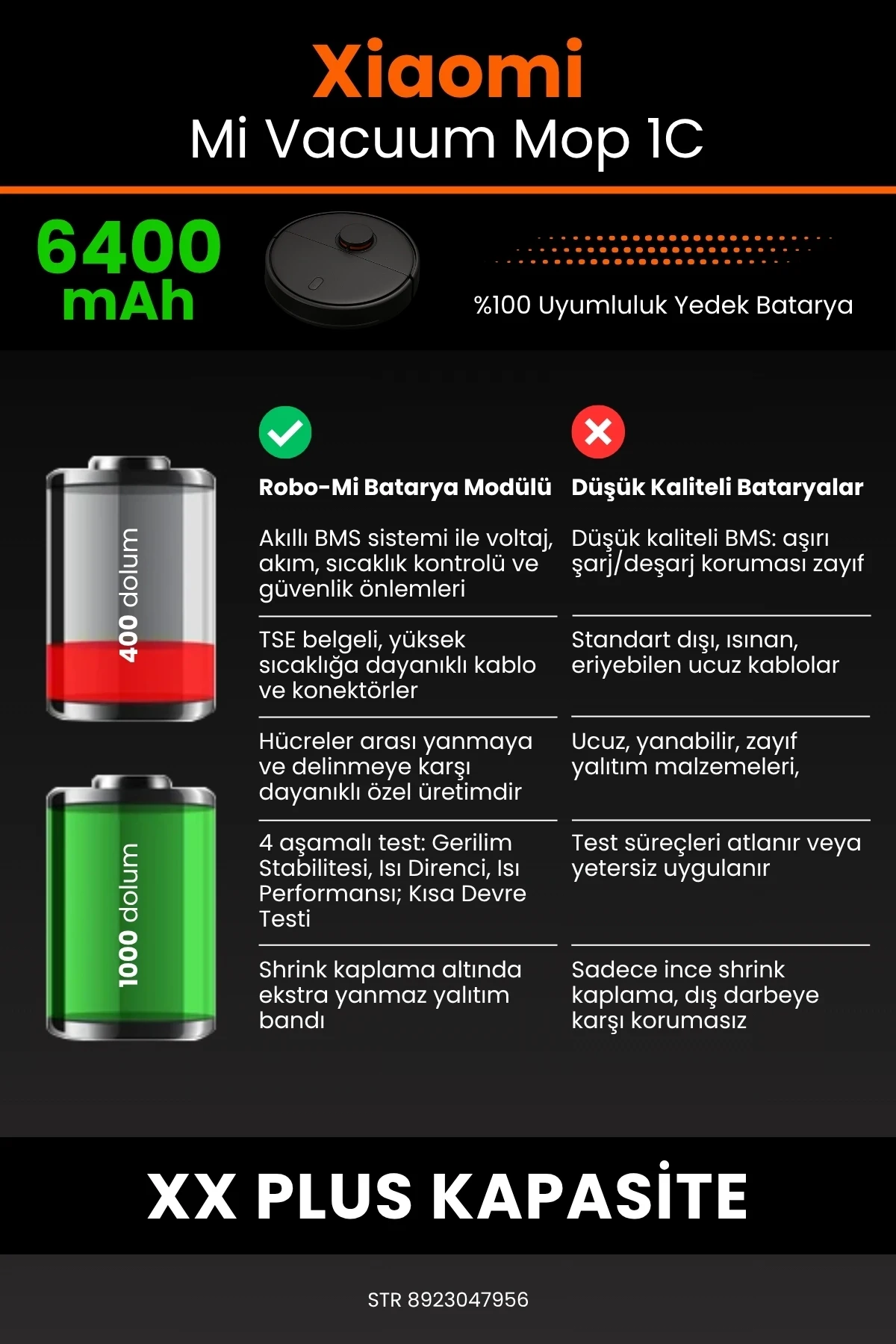 Xiaomi Mi Vacuum Mop 1C 6400mAh Robot Süpürge Bataryası - Gerçek Kapasite, Maksimum Güvenlik