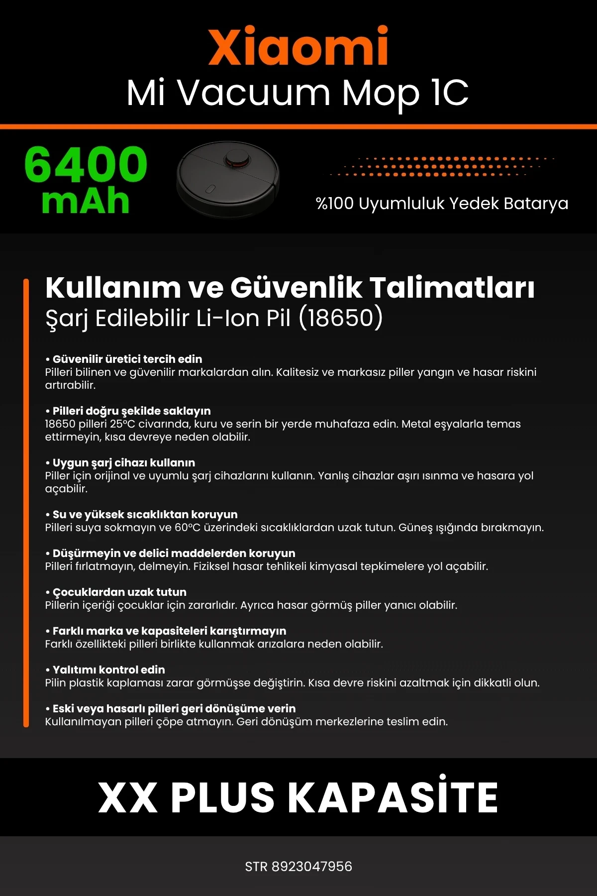 Xiaomi Mi Vacuum Mop 1C 6400mAh Robot Süpürge Bataryası - Gerçek Kapasite, Maksimum Güvenlik