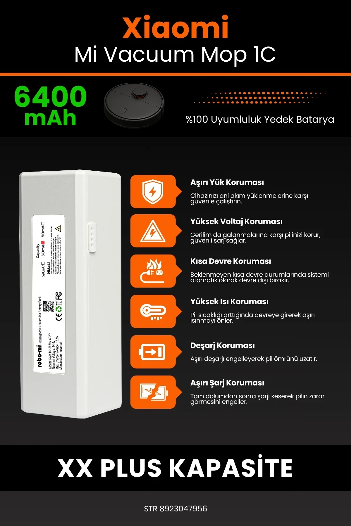 Xiaomi Mi Vacuum Mop 1C 6400mAh Robot Süpürge Bataryası - Gerçek Kapasite, Maksimum Güvenlik