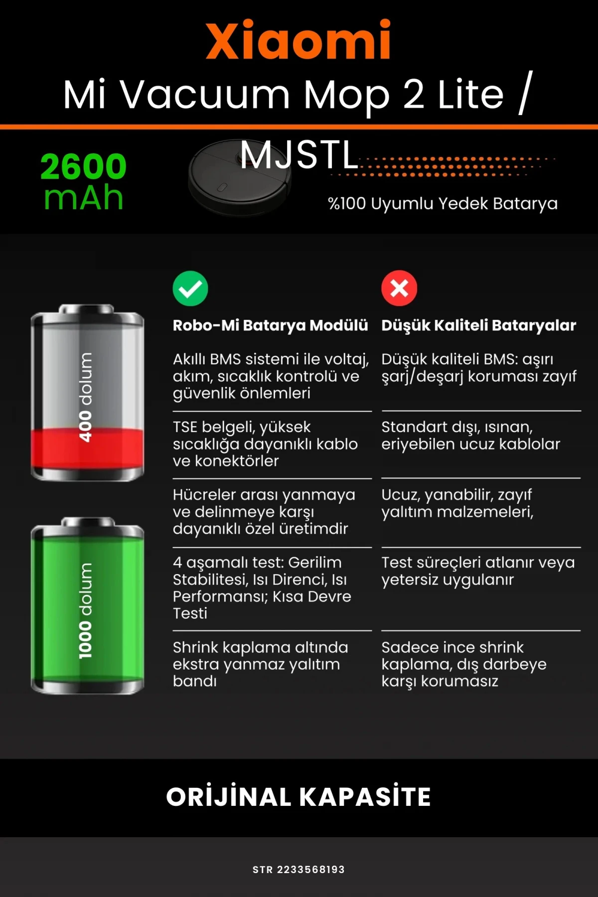 Xiaomi Mi Vacuum Mop 2 Lite 2600mAh Robot Süpürge Bataryası - Gerçek Kapasite, Maksimum Güvenlik