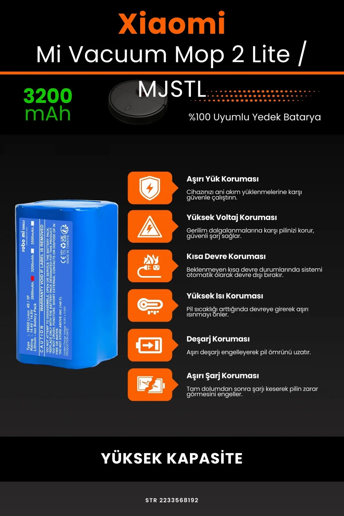 Xiaomi Mi Vacuum Mop 2 Lite 3200mAh Robot Süpürge Bataryası - Gerçek Kapasite, Maksimum Güvenlik