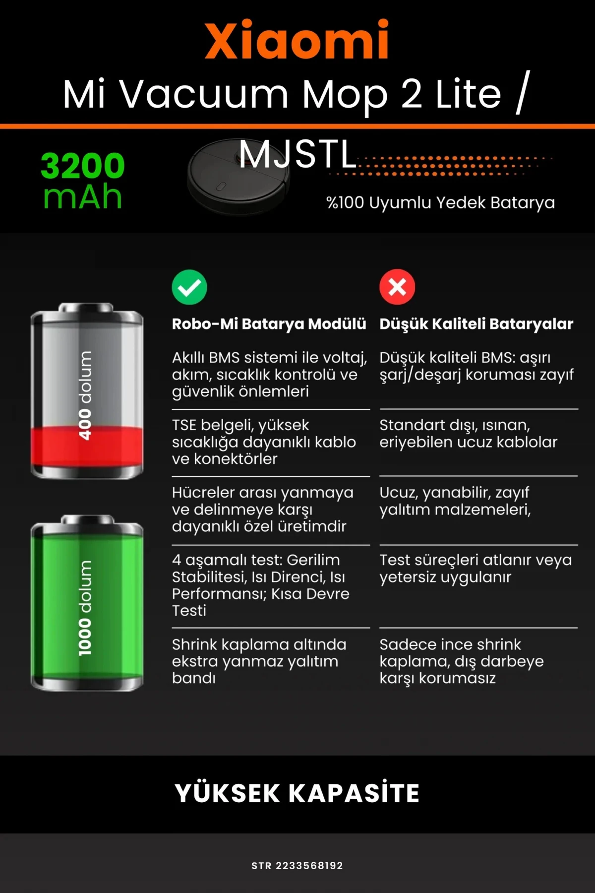 Xiaomi Mi Vacuum Mop 2 Lite 3200mAh Robot Süpürge Bataryası - Gerçek Kapasite, Maksimum Güvenlik