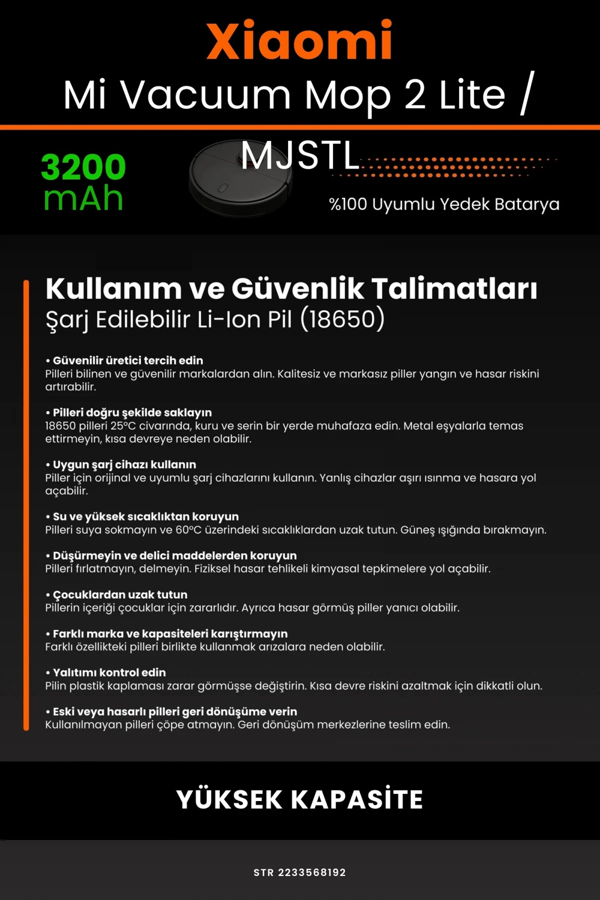 Xiaomi Mi Vacuum Mop 2 Lite 3200mAh Robot Süpürge Bataryası - Gerçek Kapasite, Maksimum Güvenlik