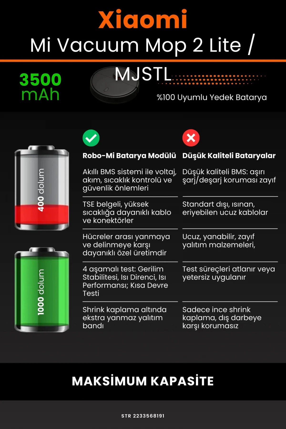 Xiaomi Mi Vacuum Mop 2 Lite 3500mAh Robot Süpürge Bataryası - Gerçek Kapasite, Maksimum Güvenlik