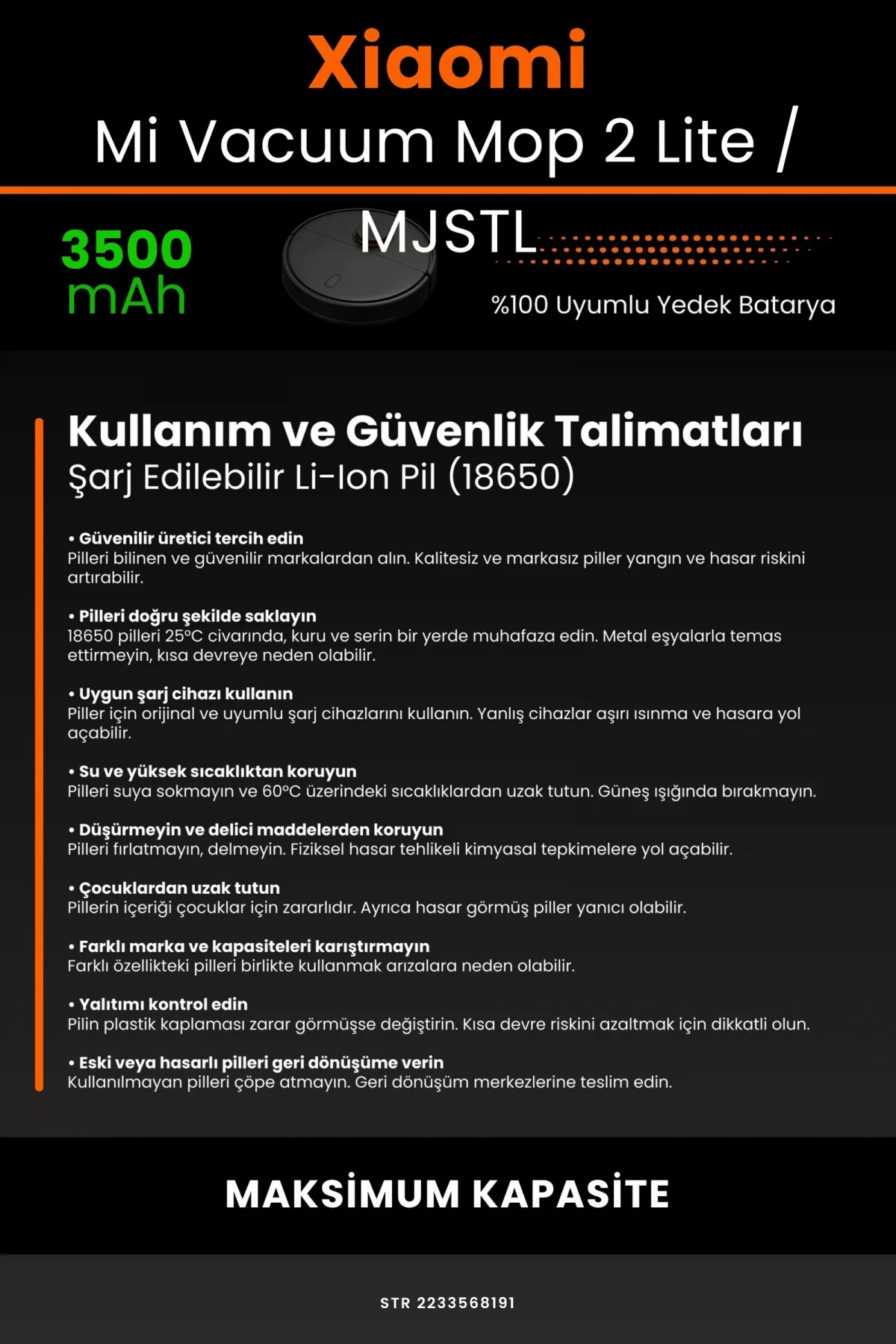 Xiaomi Mi Vacuum Mop 2 Lite 3500mAh Robot Süpürge Bataryası - Gerçek Kapasite, Maksimum Güvenlik