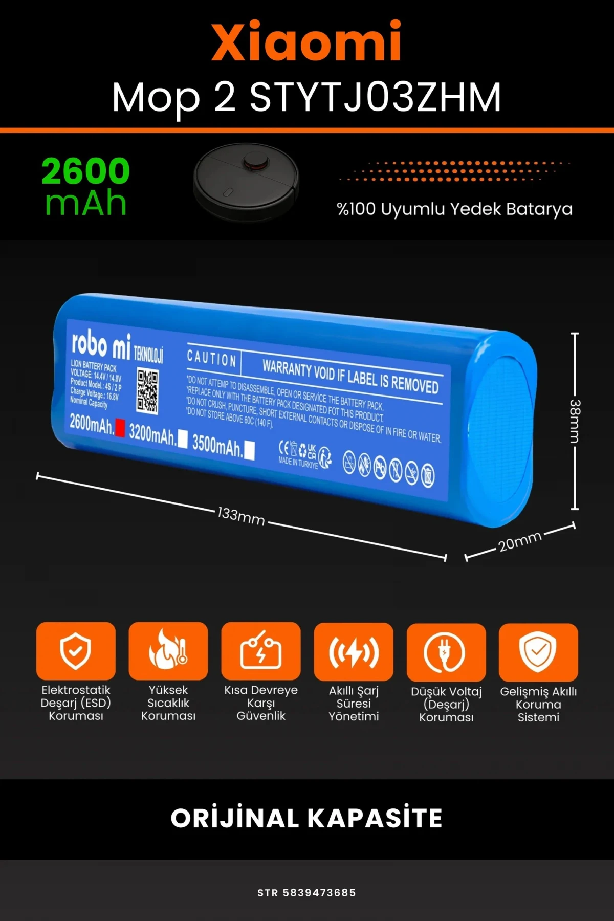 Xiaomi Mi Vacuum Mop 2 STYTJ03ZHM 2600mAh Robot Süpürge Bataryası - Gerçek Kapasite