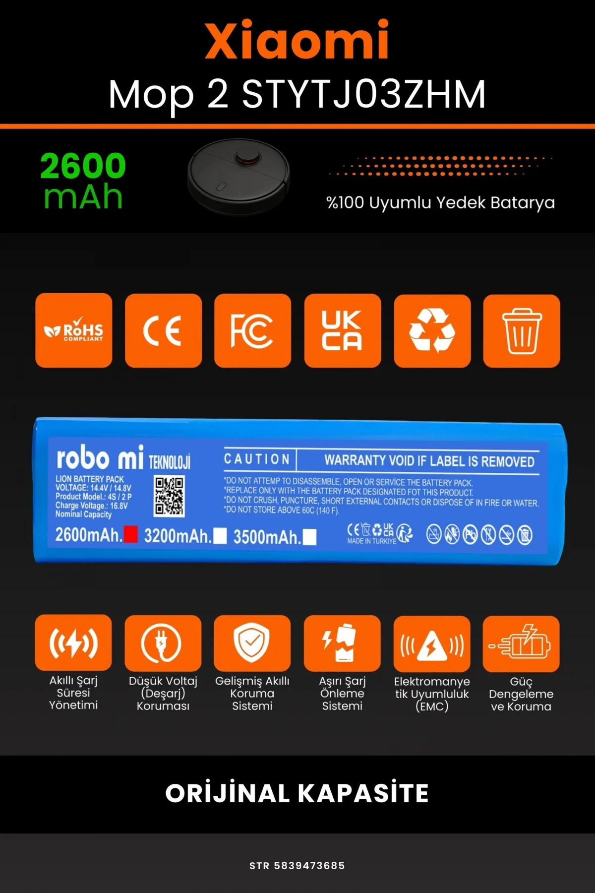 Xiaomi Mi Vacuum Mop 2 STYTJ03ZHM 2600mAh Robot Süpürge Bataryası - Gerçek Kapasite