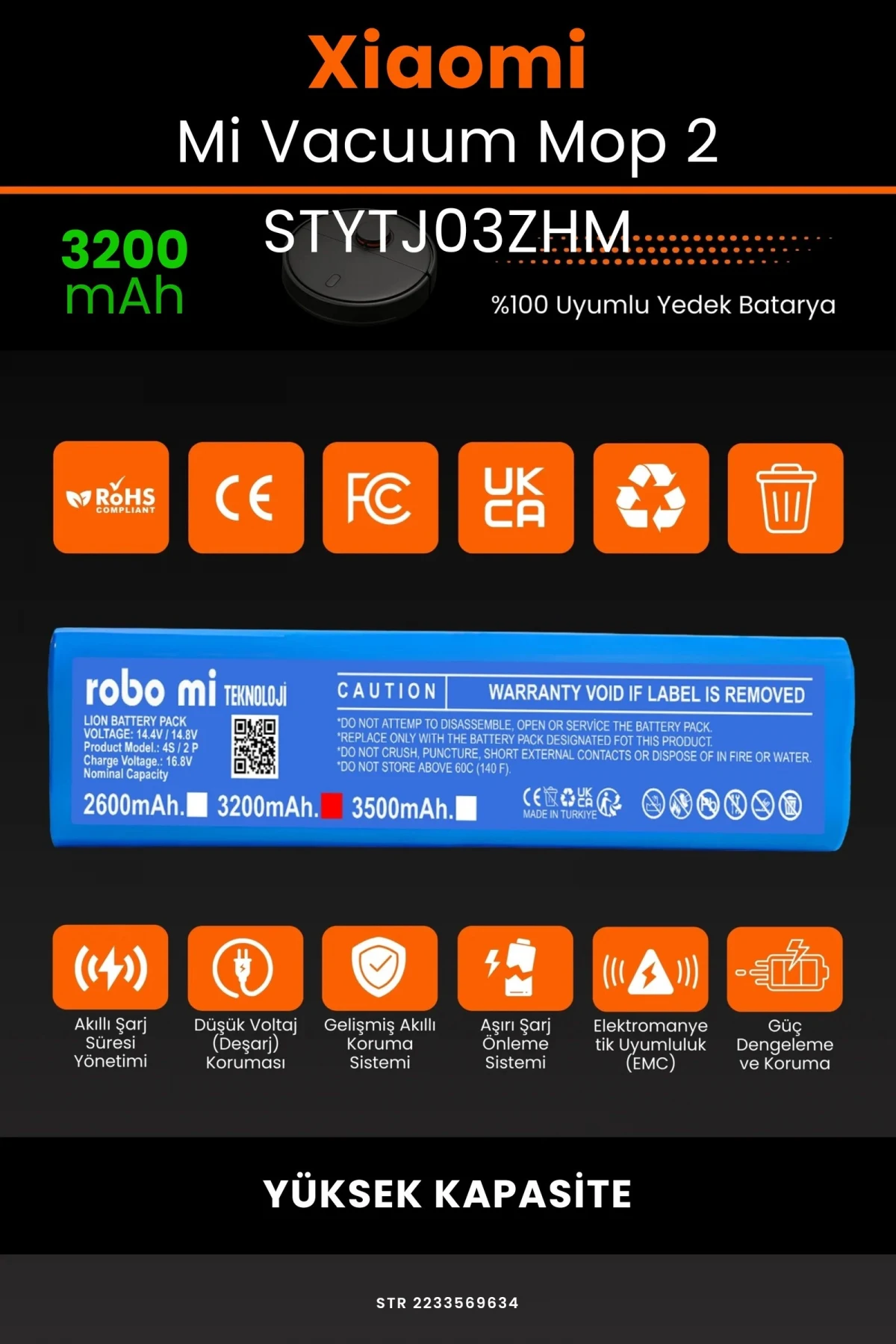 Xiaomi Mi Vacuum Mop 2 STYTJ03ZHM 3200mAh Robot Süpürge Bataryası - Gerçek Kapasite