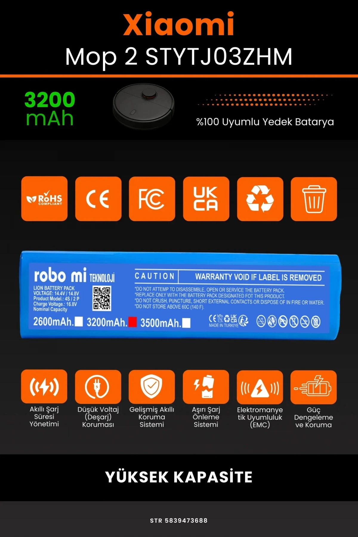 Xiaomi Mi Vacuum Mop 2 STYTJ03ZHM 3200mAh Robot Süpürge Bataryası - Gerçek Kapasite