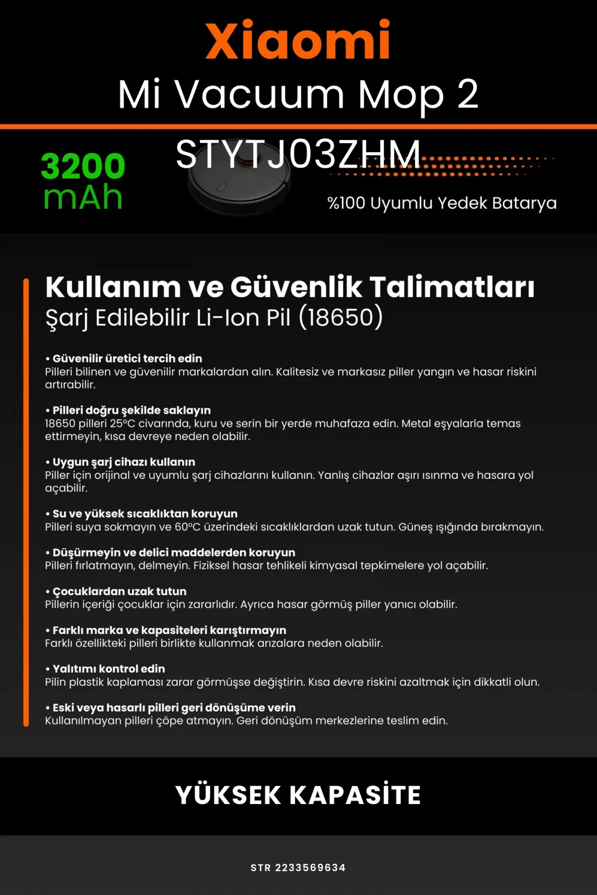 Xiaomi Mi Vacuum Mop 2 STYTJ03ZHM 3200mAh Robot Süpürge Bataryası - Gerçek Kapasite