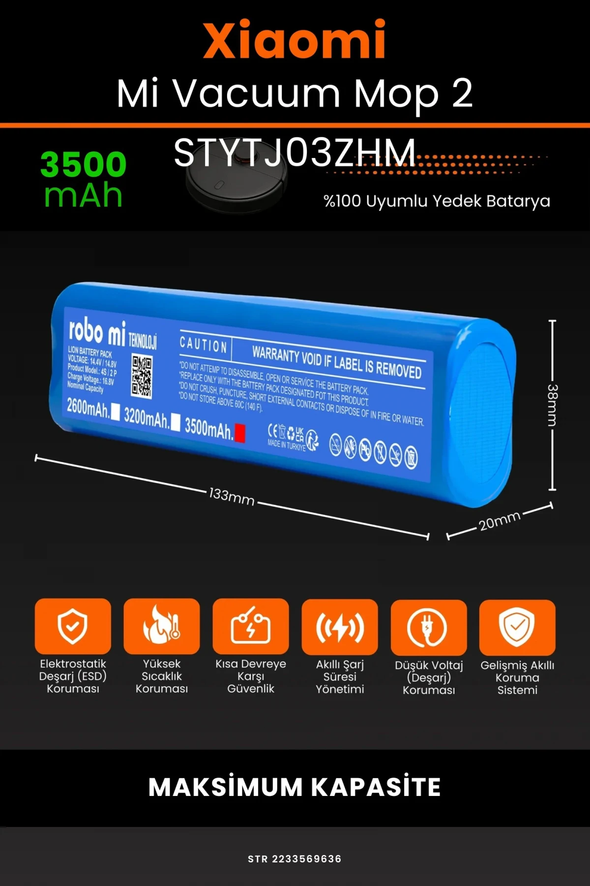 Xiaomi Mi Vacuum Mop 2 STYTJ03ZHM 3500mAh Robot Süpürge Bataryası - Gerçek Kapasite