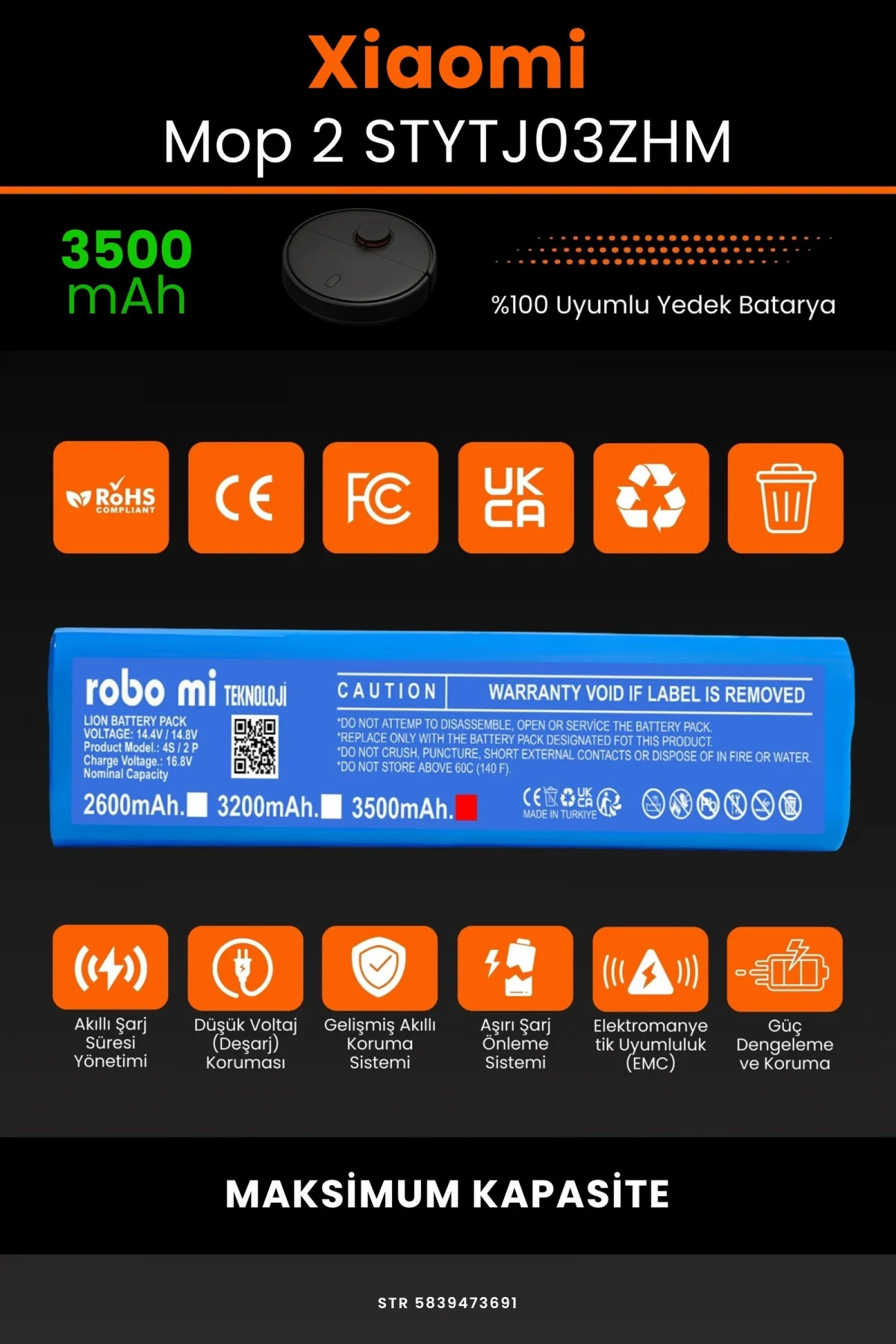 Xiaomi Mi Vacuum Mop 2 STYTJ03ZHM 3500mAh Robot Süpürge Bataryası - Gerçek Kapasite