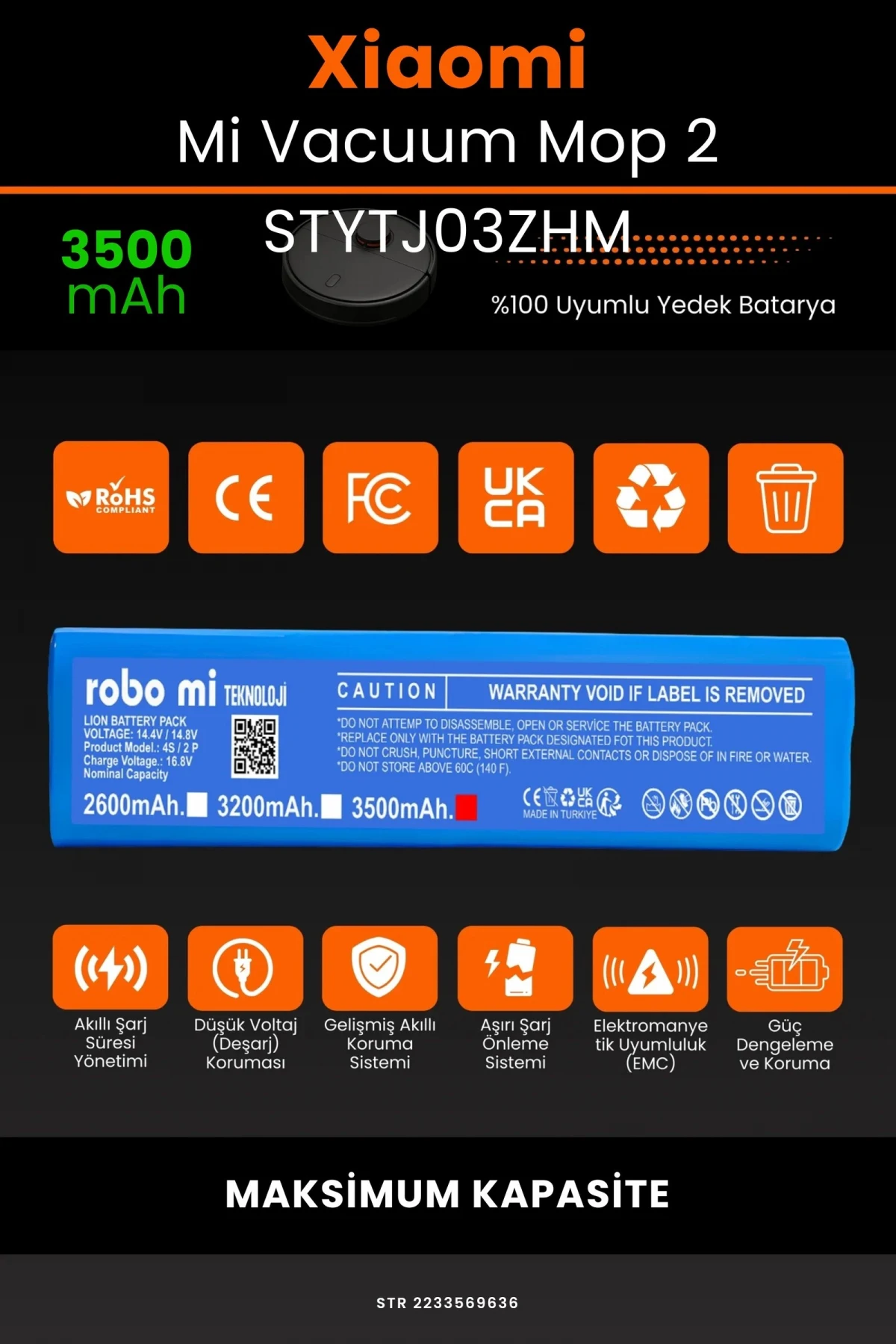 Xiaomi Mi Vacuum Mop 2 STYTJ03ZHM 3500mAh Robot Süpürge Bataryası - Gerçek Kapasite