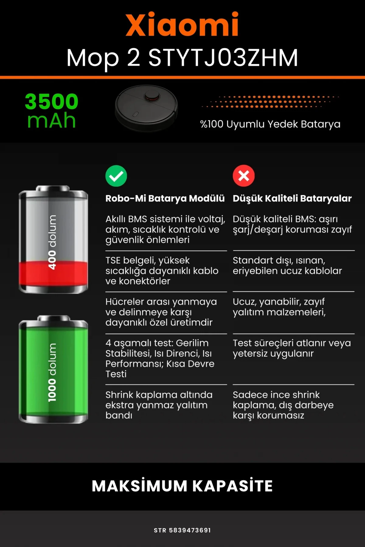 Xiaomi Mi Vacuum Mop 2 STYTJ03ZHM 3500mAh Robot Süpürge Bataryası - Gerçek Kapasite
