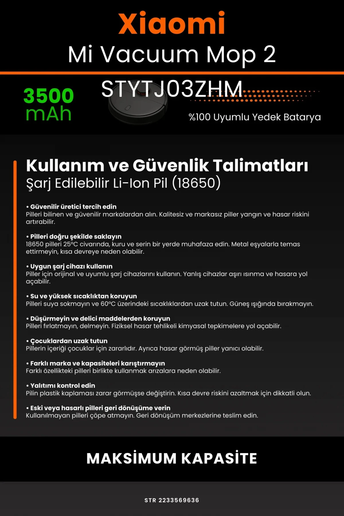 Xiaomi Mi Vacuum Mop 2 STYTJ03ZHM 3500mAh Robot Süpürge Bataryası - Gerçek Kapasite