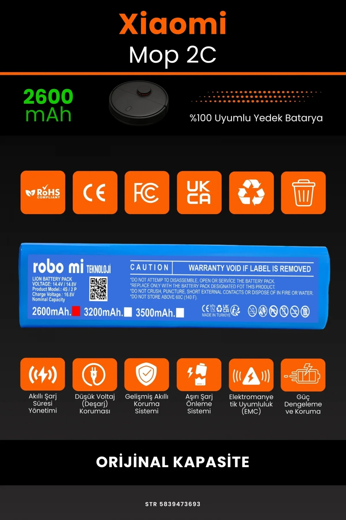 Xiaomi Mi Vacuum Mop 2C 2600mAh Robot Süpürge Bataryası - Gerçek Kapasite, Maksimum Güvenlik