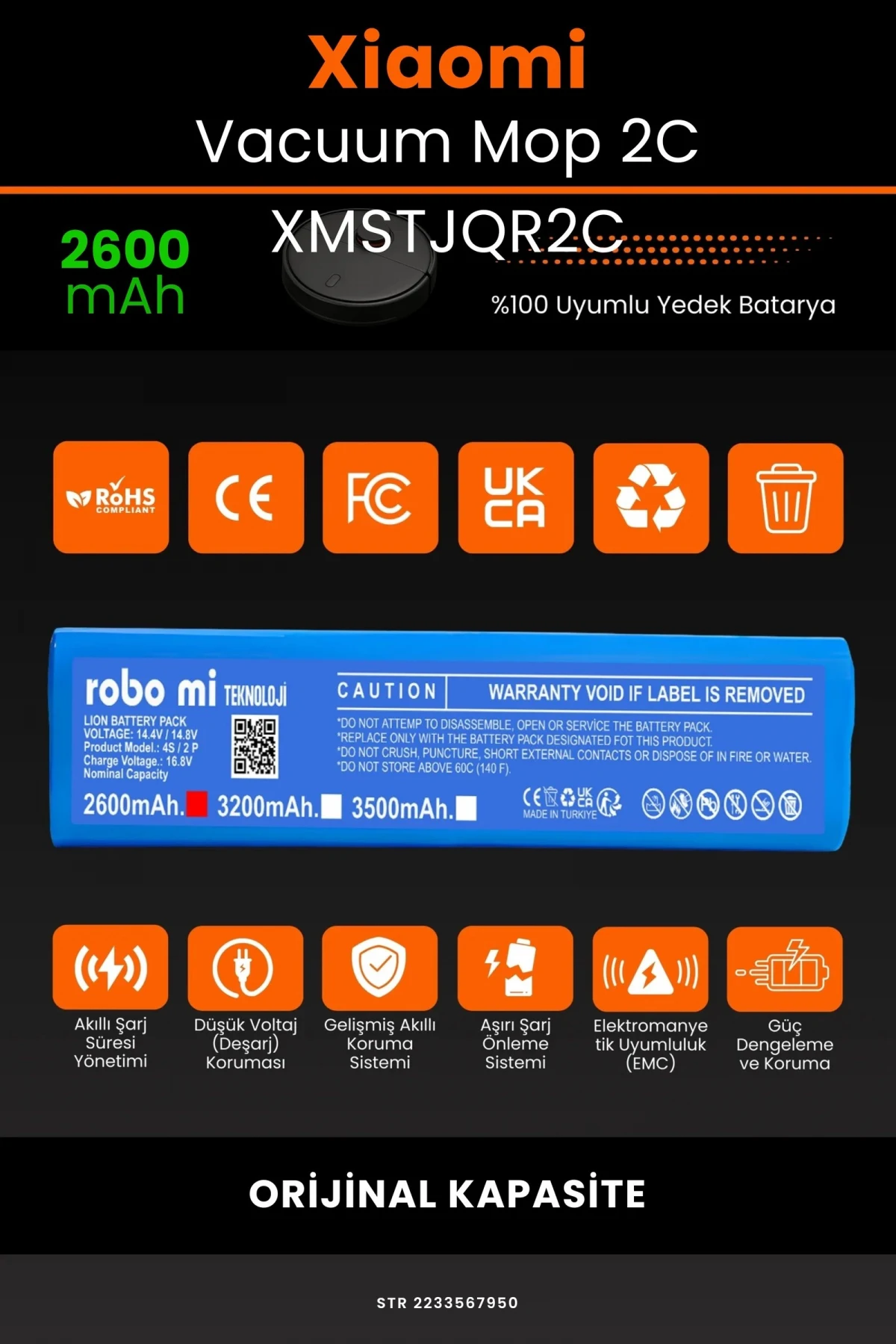 Xiaomi Mi Vacuum Mop 2C 2600mAh Robot Süpürge Bataryası - Gerçek Kapasite, Maksimum Güvenlik