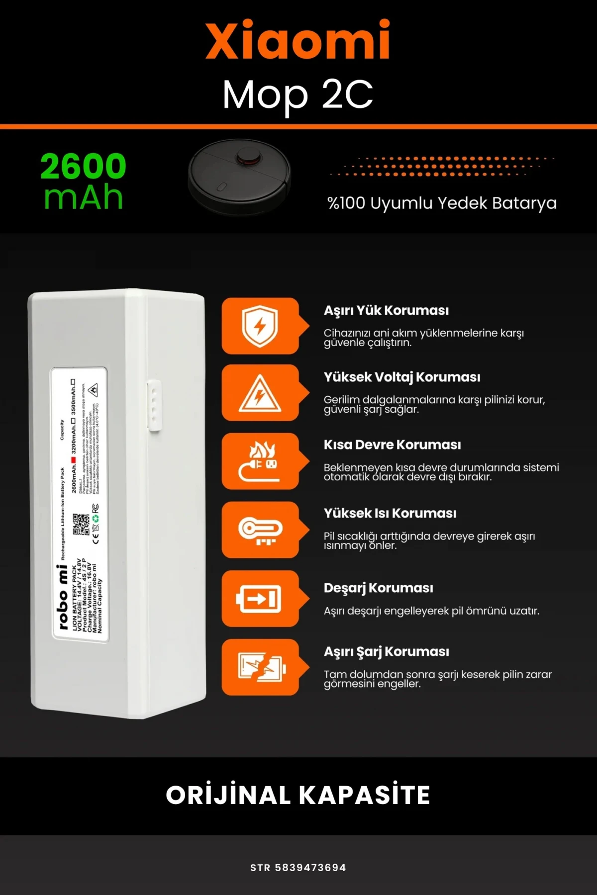 Xiaomi Mi Vacuum Mop 2C 2600mAh Robot Süpürge Bataryası - Gerçek Kapasite, Maksimum Güvenlik