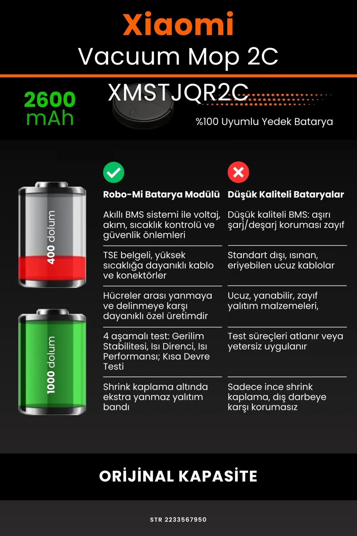 Xiaomi Mi Vacuum Mop 2C 2600mAh Robot Süpürge Bataryası - Gerçek Kapasite, Maksimum Güvenlik