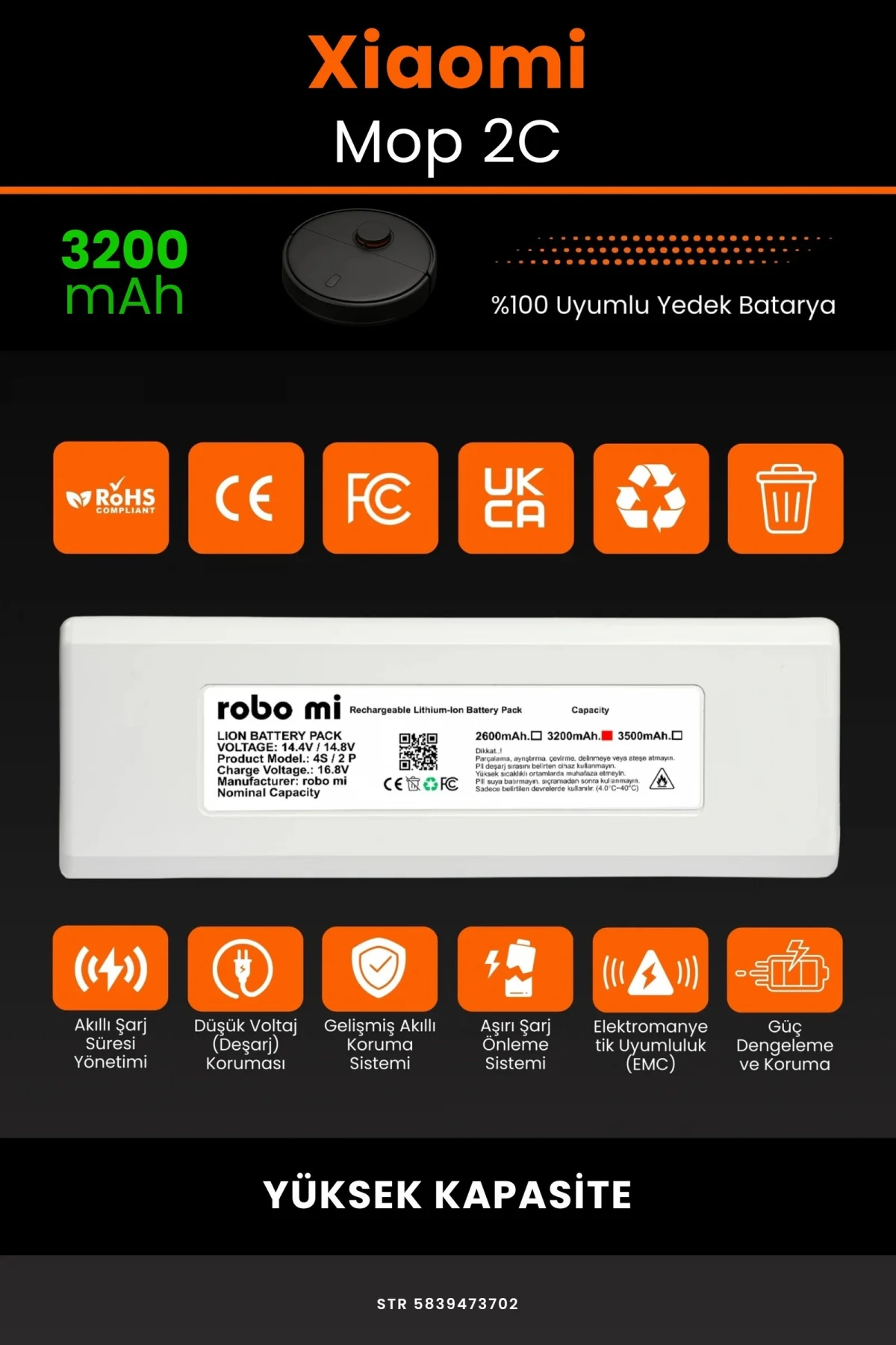 Xiaomi Mi Vacuum Mop 2C 3200mAh Robot Süpürge Bataryası - Gerçek Kapasite, Maksimum Güvenlik