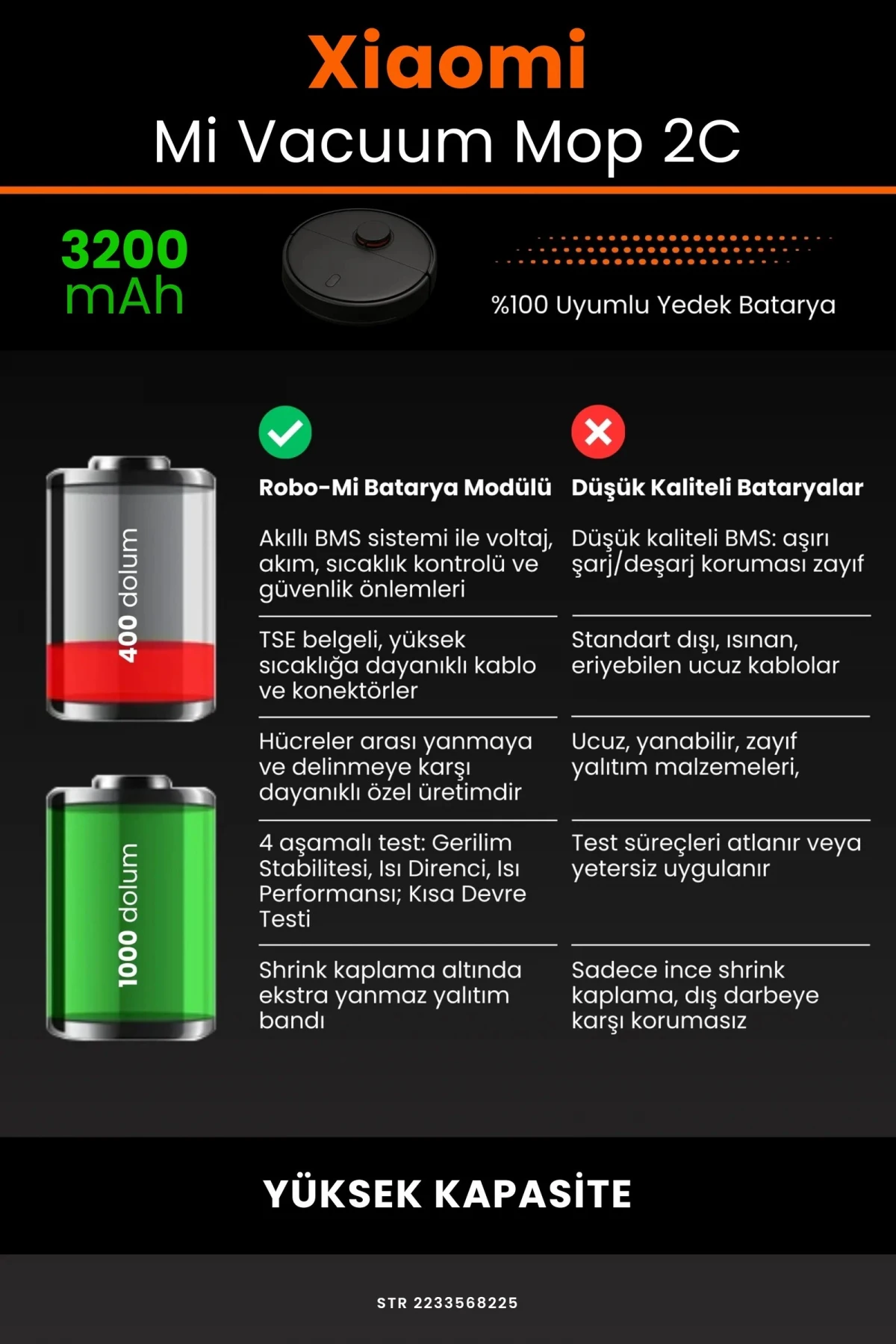 Xiaomi Mi Vacuum Mop 2C 3200mAh Robot Süpürge Bataryası - Gerçek Kapasite, Maksimum Güvenlik