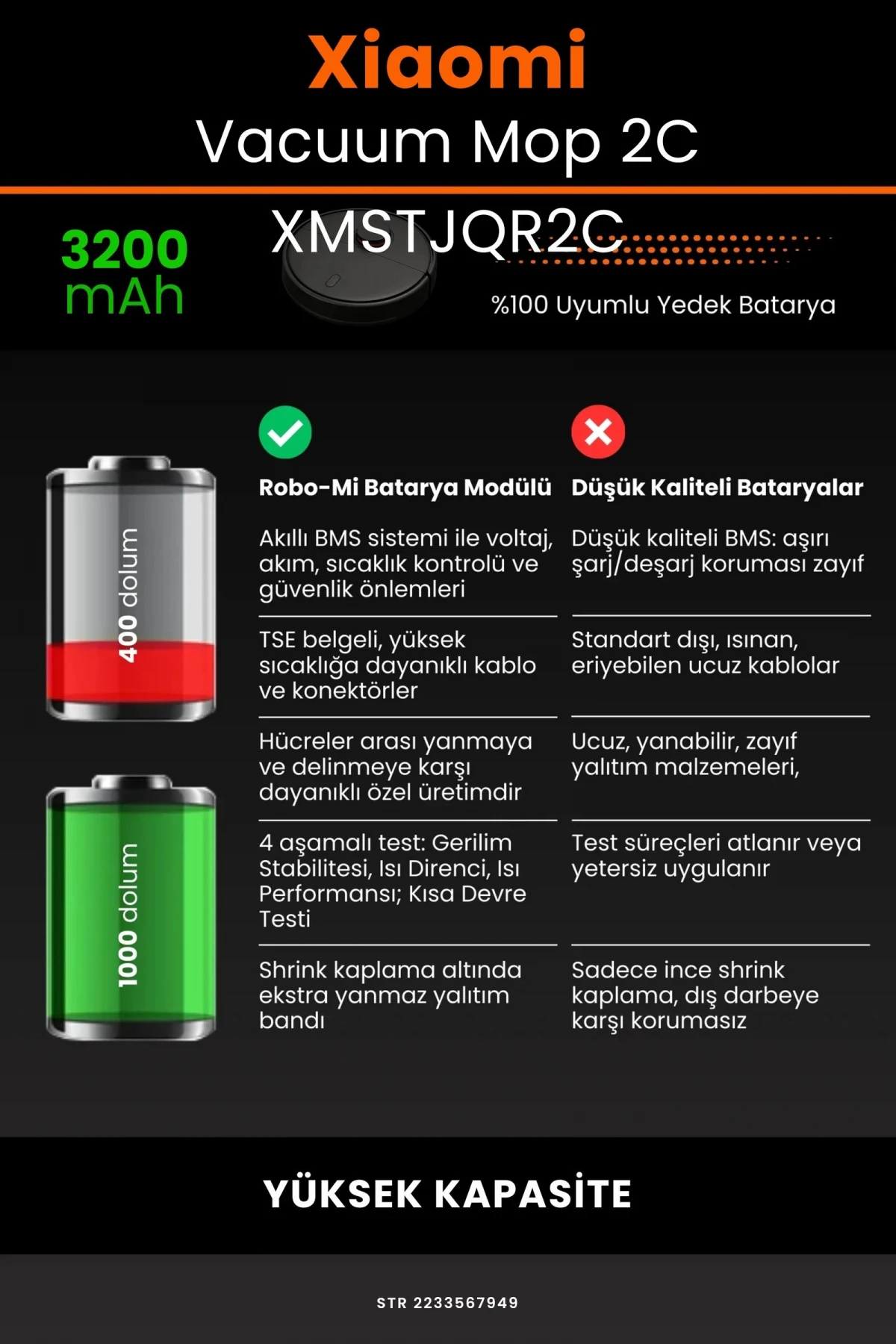 Xiaomi Mi Vacuum Mop 2C 3200mAh Robot Süpürge Bataryası - Gerçek Kapasite, Maksimum Güvenlik