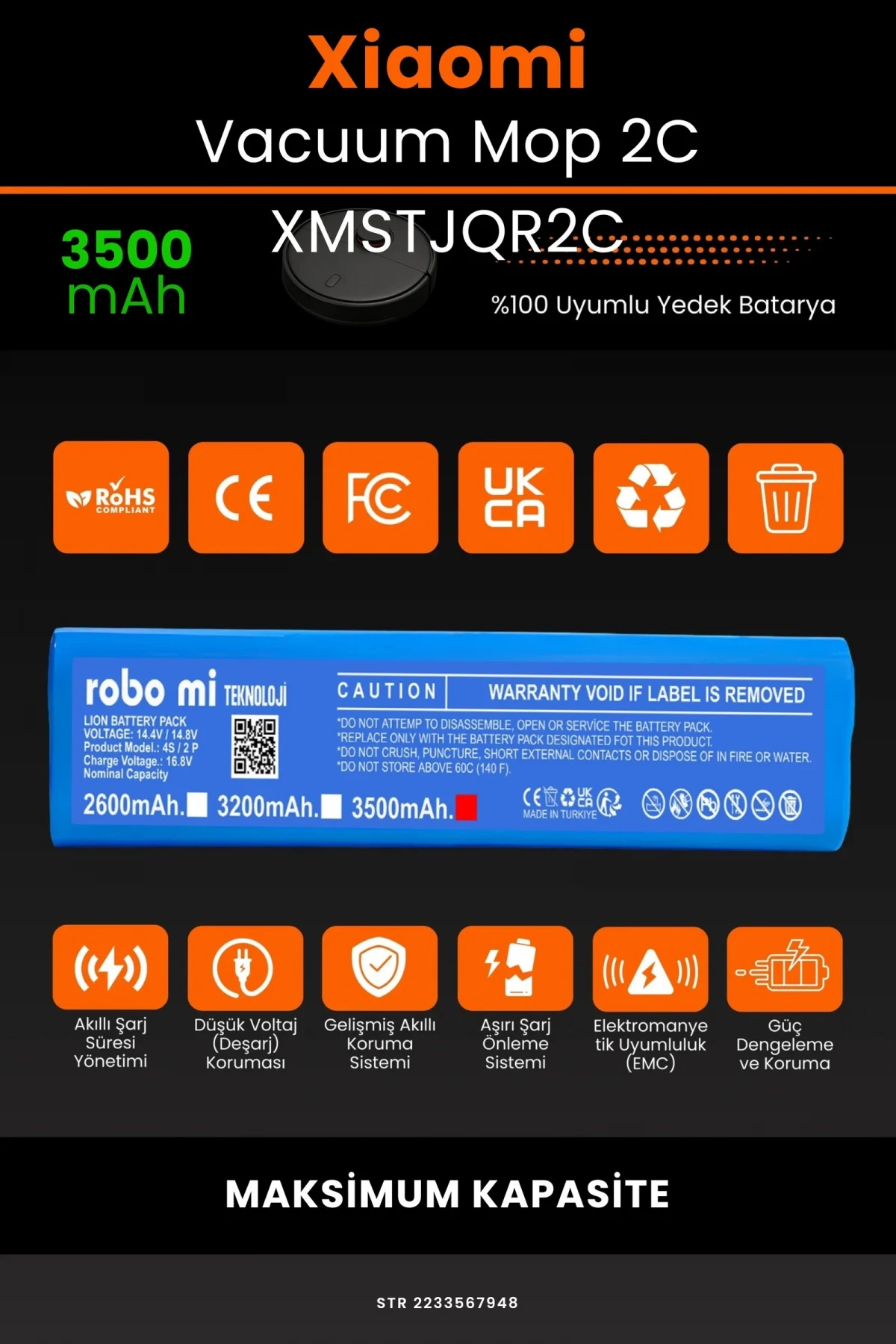 Xiaomi Mi Vacuum Mop 2C 3500mAh Robot Süpürge Bataryası - Gerçek Kapasite, Maksimum Güvenlik