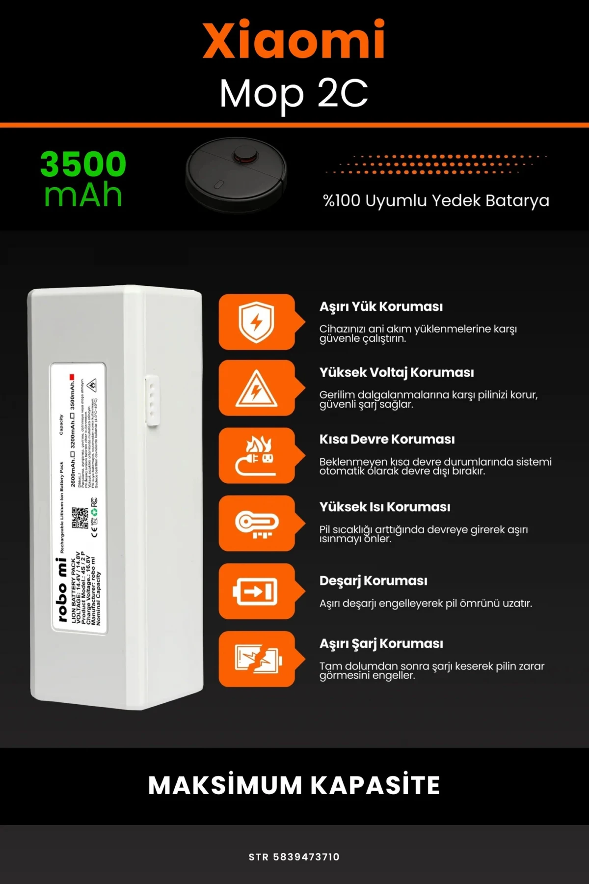 Xiaomi Mi Vacuum Mop 2C 3500mAh Robot Süpürge Bataryası - Gerçek Kapasite, Maksimum Güvenlik
