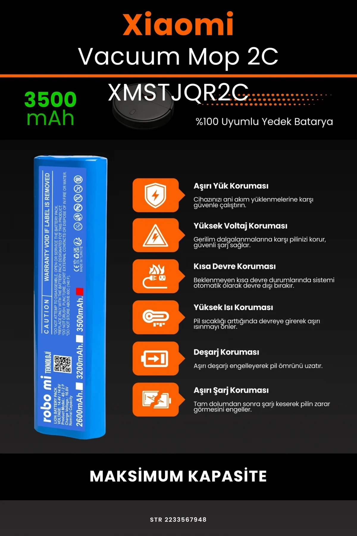 Xiaomi Mi Vacuum Mop 2C 3500mAh Robot Süpürge Bataryası - Gerçek Kapasite, Maksimum Güvenlik