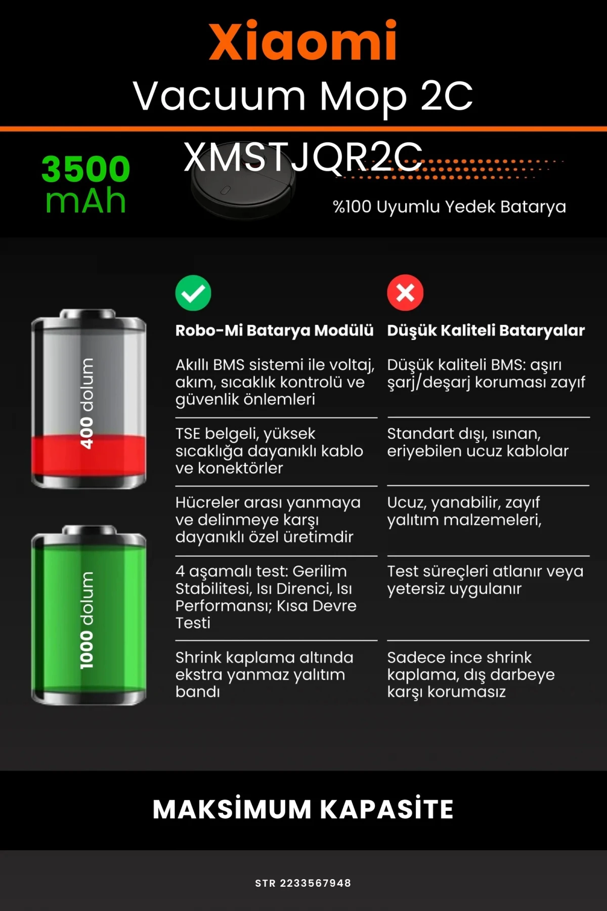 Xiaomi Mi Vacuum Mop 2C 3500mAh Robot Süpürge Bataryası - Gerçek Kapasite, Maksimum Güvenlik