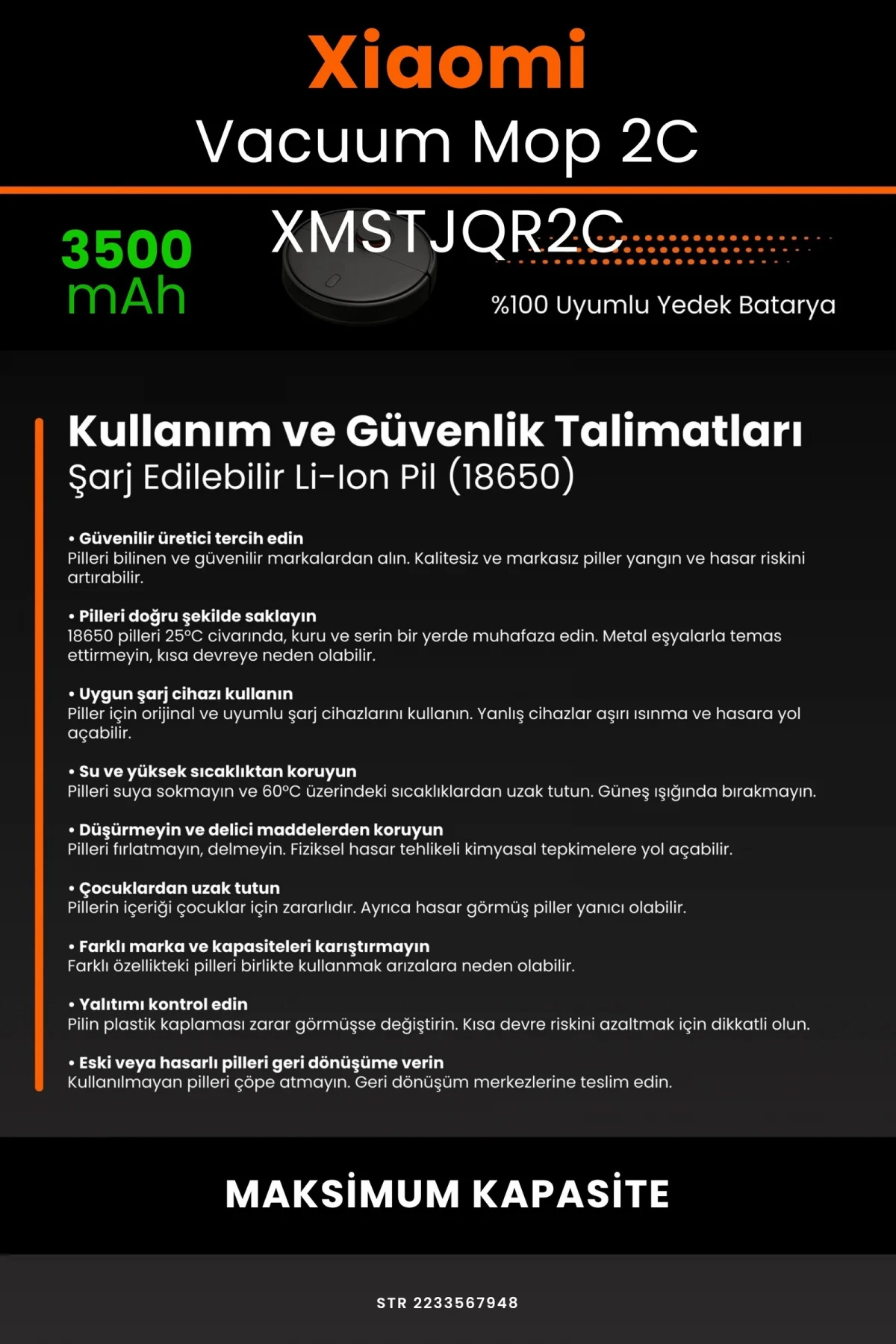 Xiaomi Mi Vacuum Mop 2C 3500mAh Robot Süpürge Bataryası - Gerçek Kapasite, Maksimum Güvenlik