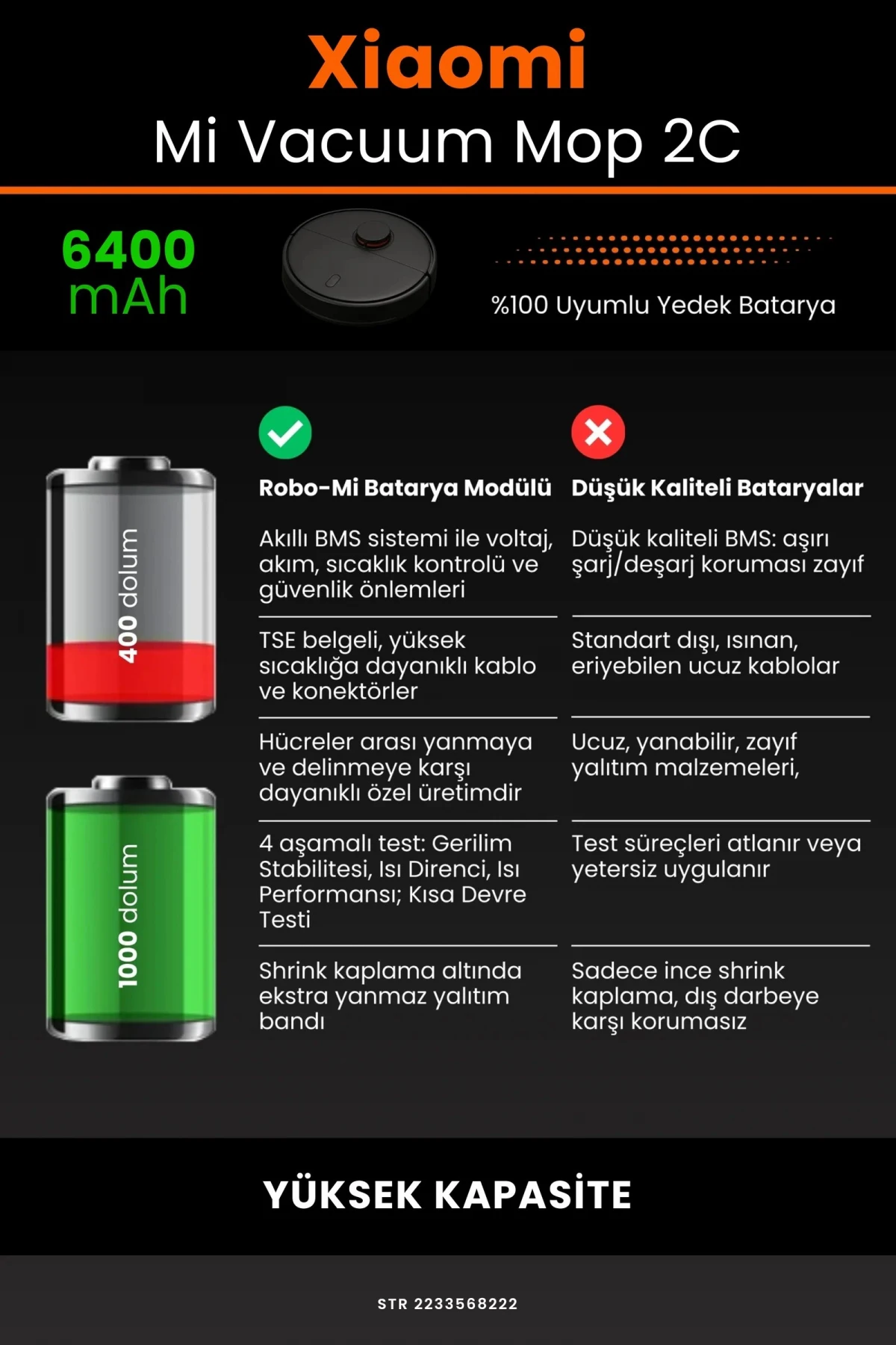 Xiaomi Mi Vacuum Mop 2C 6400mAh Robot Süpürge Bataryası - Gerçek Kapasite, Maksimum Güvenlik
