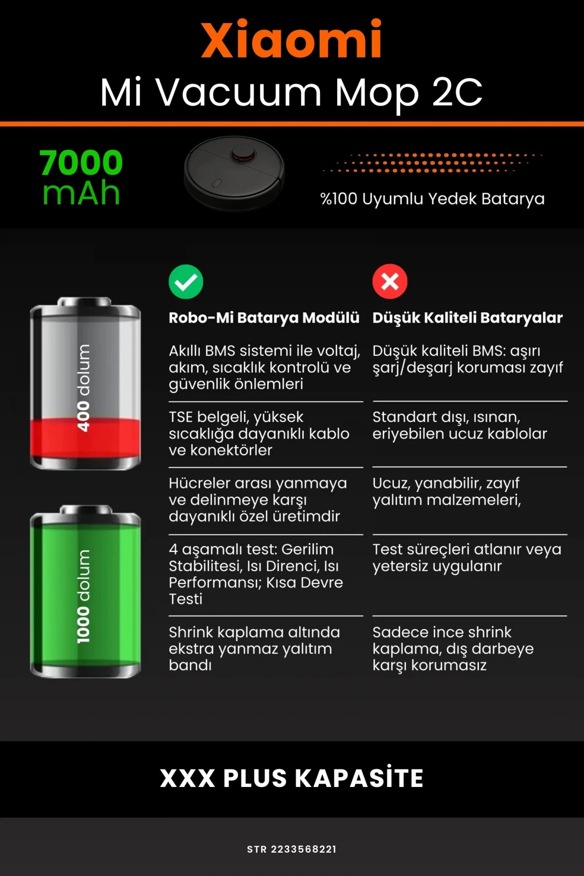 Xiaomi Mi Vacuum Mop 2C 7000mAh Robot Süpürge Bataryası - Gerçek Kapasite, Maksimum Güvenlik