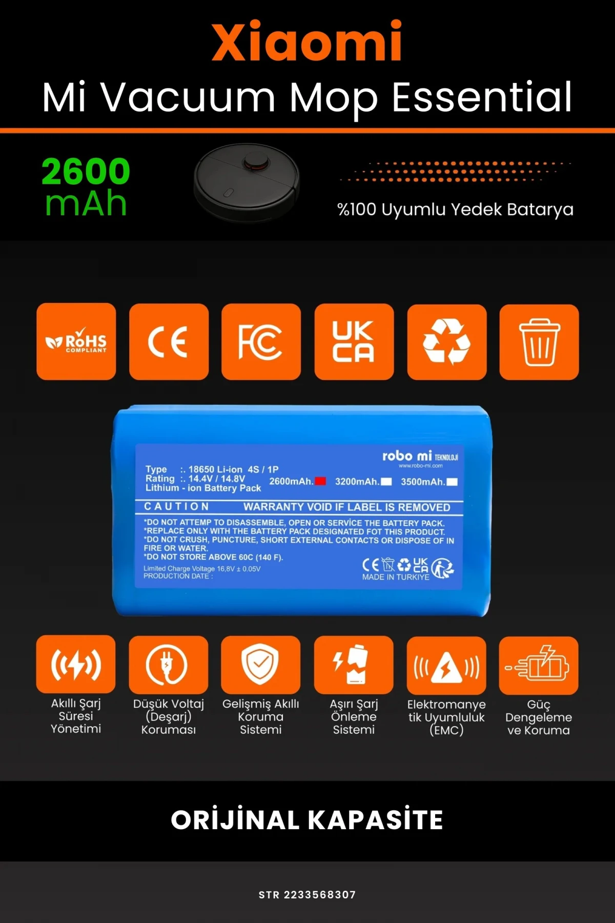 Xiaomi Mi Vacuum Mop Essential 2600mAh Robot Süpürge Bataryası - Gerçek Kapasite, Maksimum Güvenlik