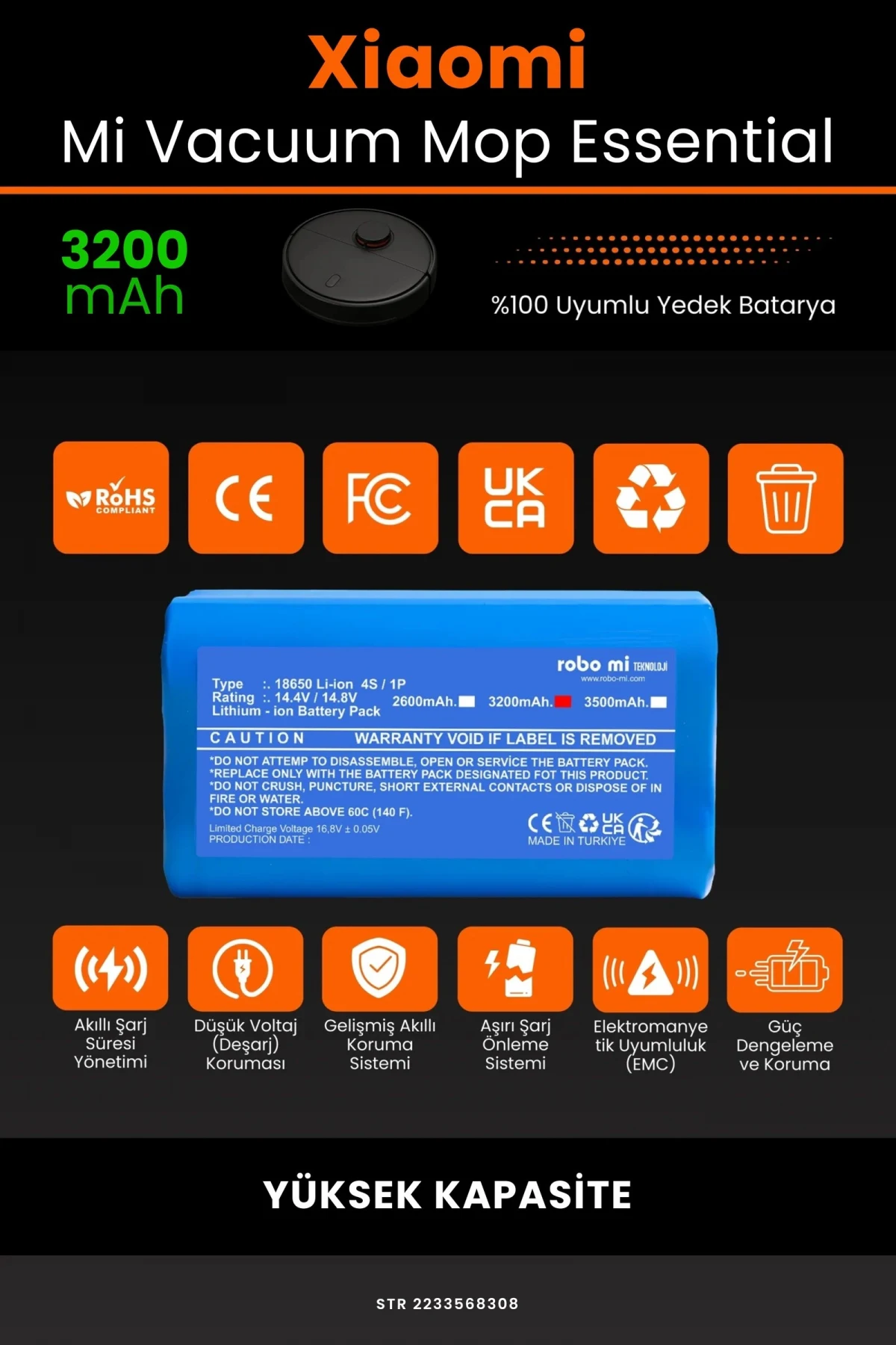 Xiaomi Mi Vacuum Mop Essential 3200mAh Robot Süpürge Bataryası - Gerçek Kapasite, Maksimum Güvenlik