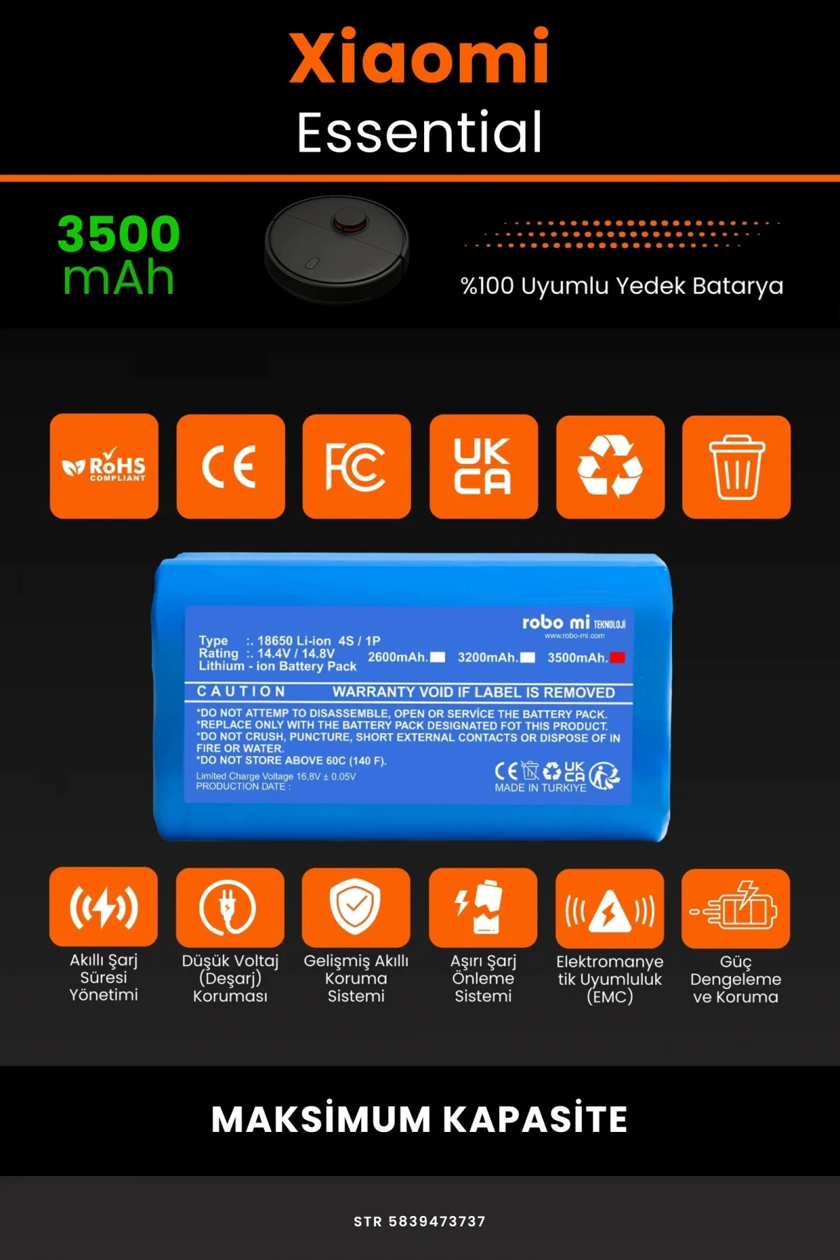 Xiaomi Mi Vacuum Mop Essential 3500mAh Robot Süpürge Bataryası - Gerçek Kapasite, Maksimum Güvenlik