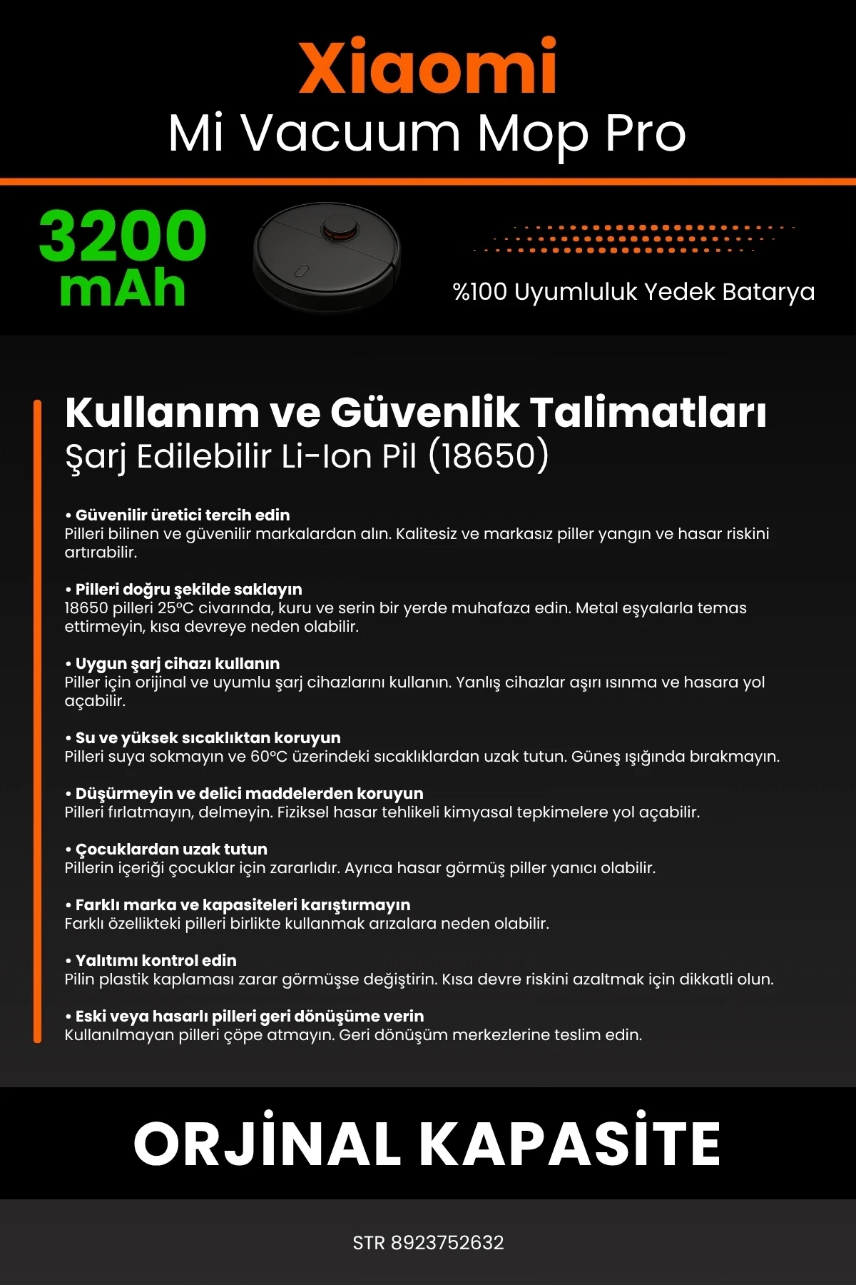 Xiaomi Mi Vacuum Mop Pro 3200mAh Robot Süpürge Bataryası - BOX