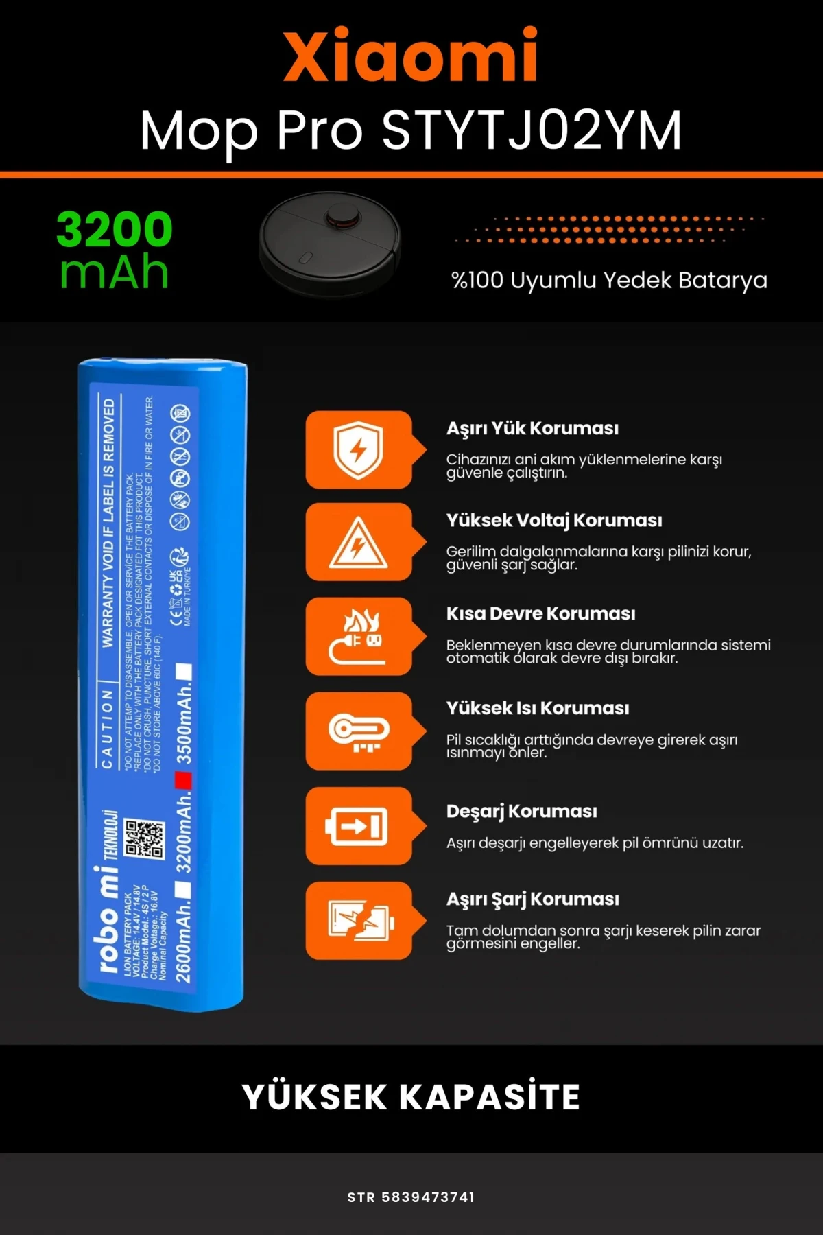 Xiaomi Mi Vacuum Mop Pro 3200mAh Robot Süpürge Bataryası - Gerçek Kapasite, Maksimum Güvenlik