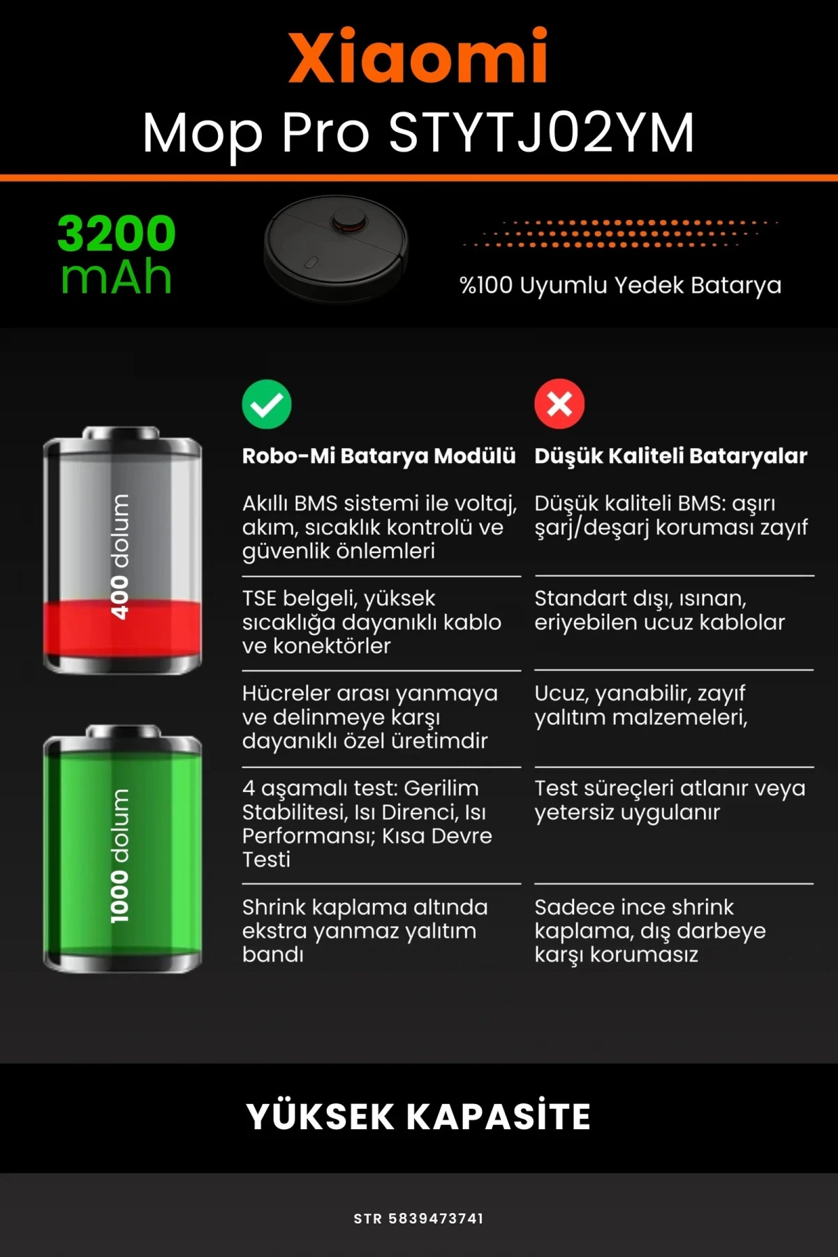 Xiaomi Mi Vacuum Mop Pro 3200mAh Robot Süpürge Bataryası - Gerçek Kapasite, Maksimum Güvenlik