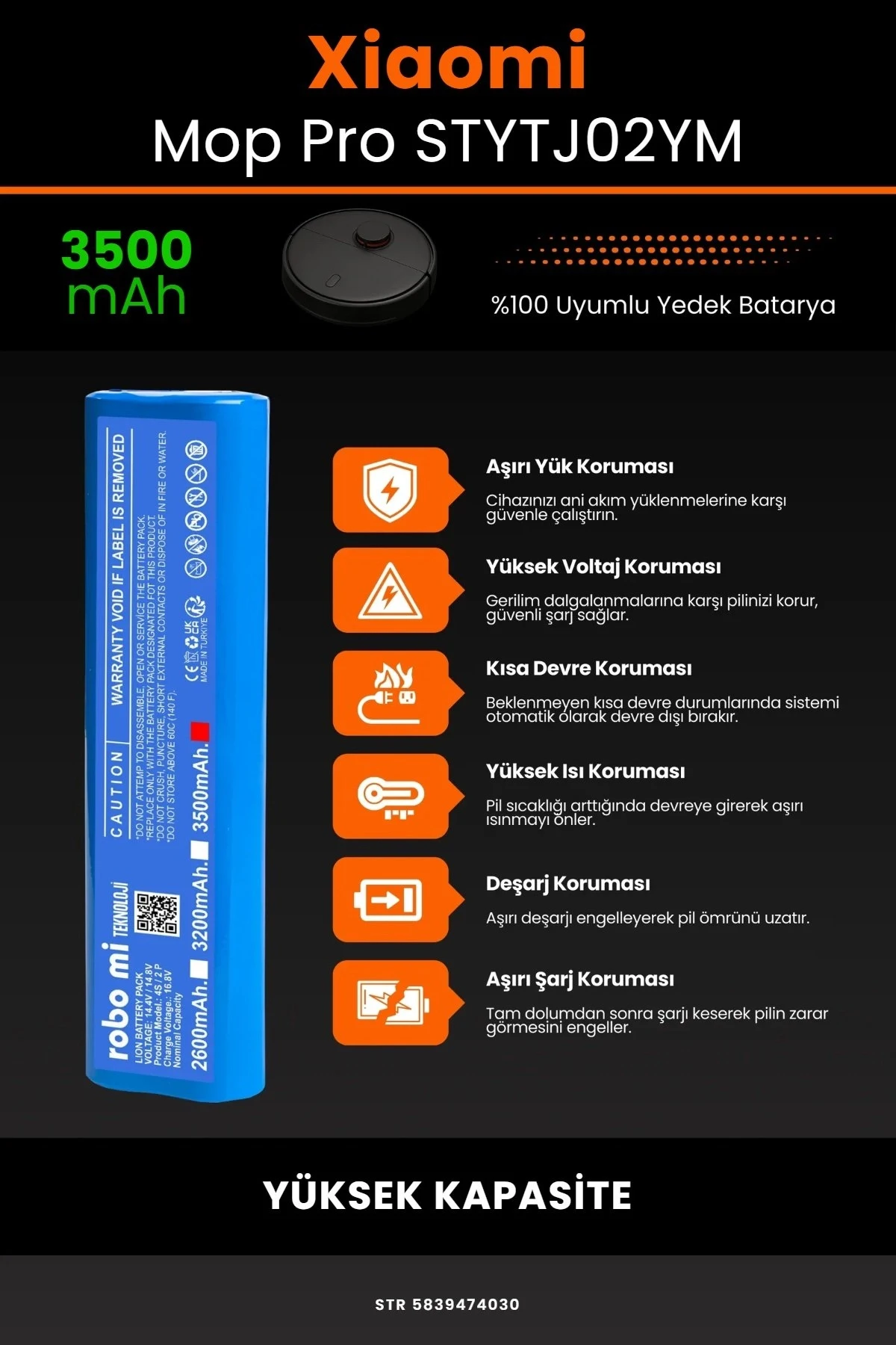 Xiaomi Mi Vacuum Mop Pro 3500mAh Robot Süpürge Bataryası BOX - Gerçek Kapasite, Maksimum Güvenlik