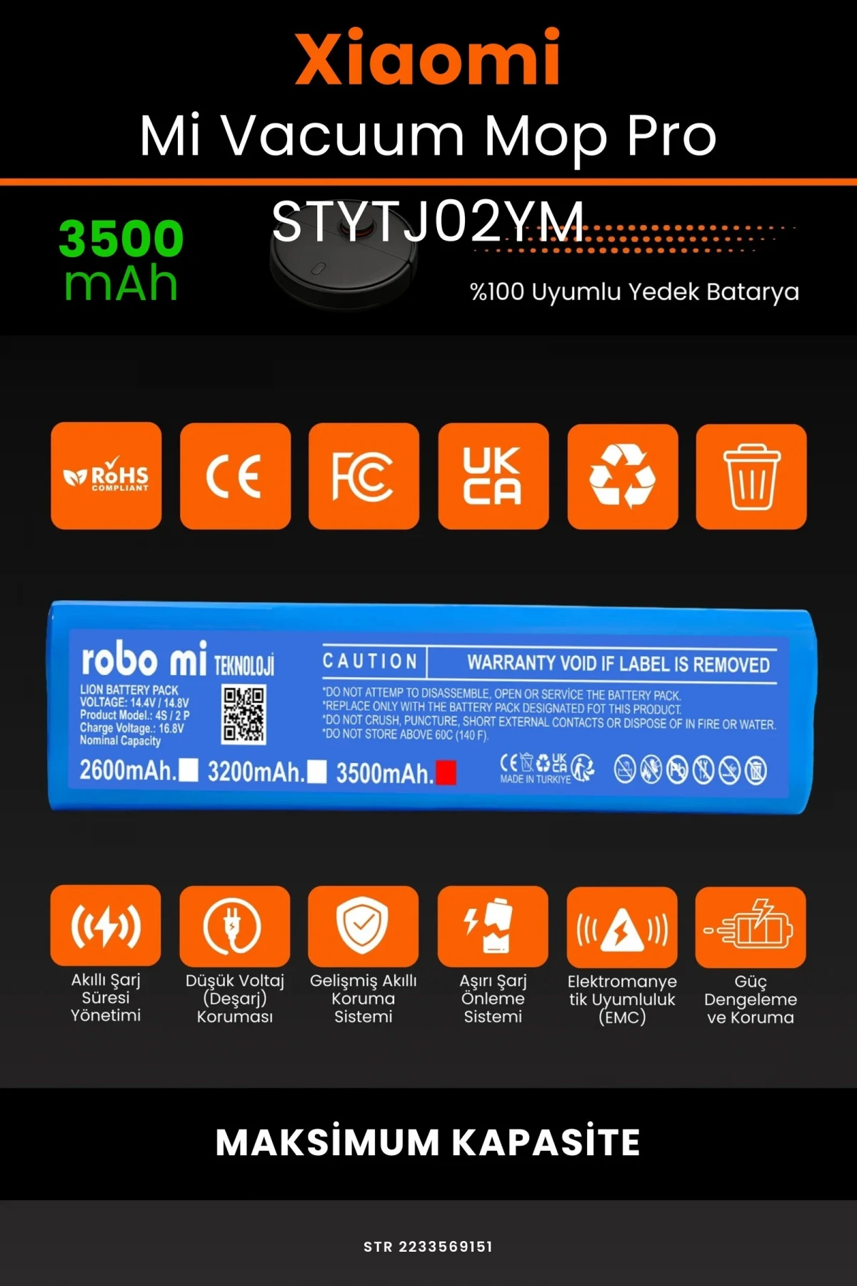 Xiaomi Mi Vacuum Mop Pro 3500mAh Robot Süpürge Bataryası - Gerçek Kapasite, Maksimum Güvenlik